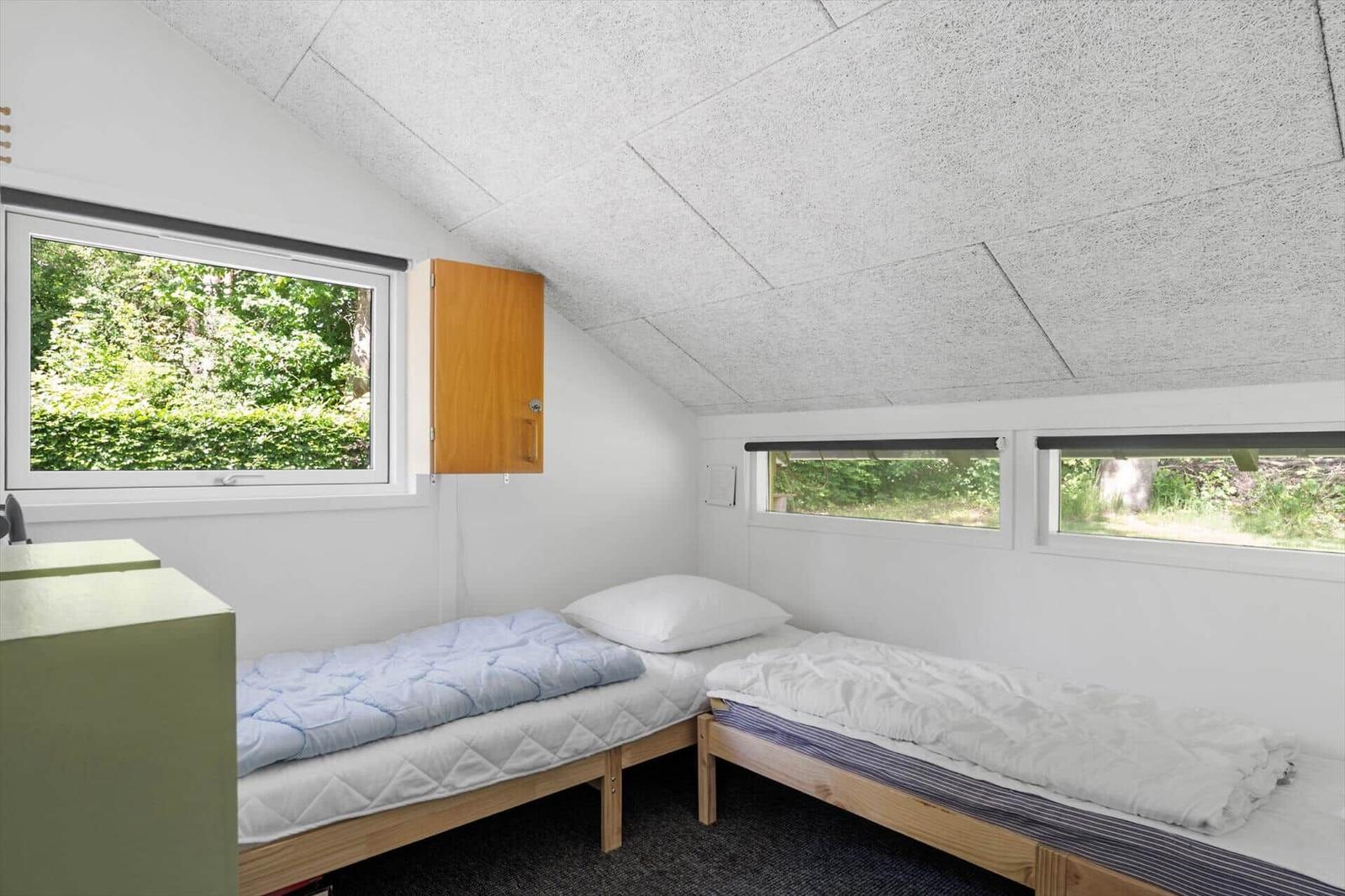 Zwei Einzelbetten, Fenster mit Waldblick, Holzschränke und schlichte Wandgestaltung.