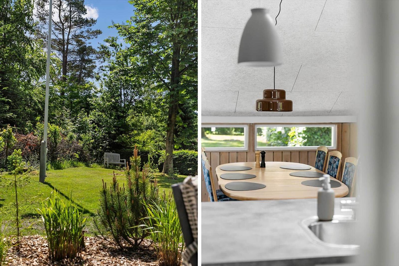 Garten mit Sitzbank und Bäumen. Esszimmer mit Tisch, Stühlen und Hängelampe.