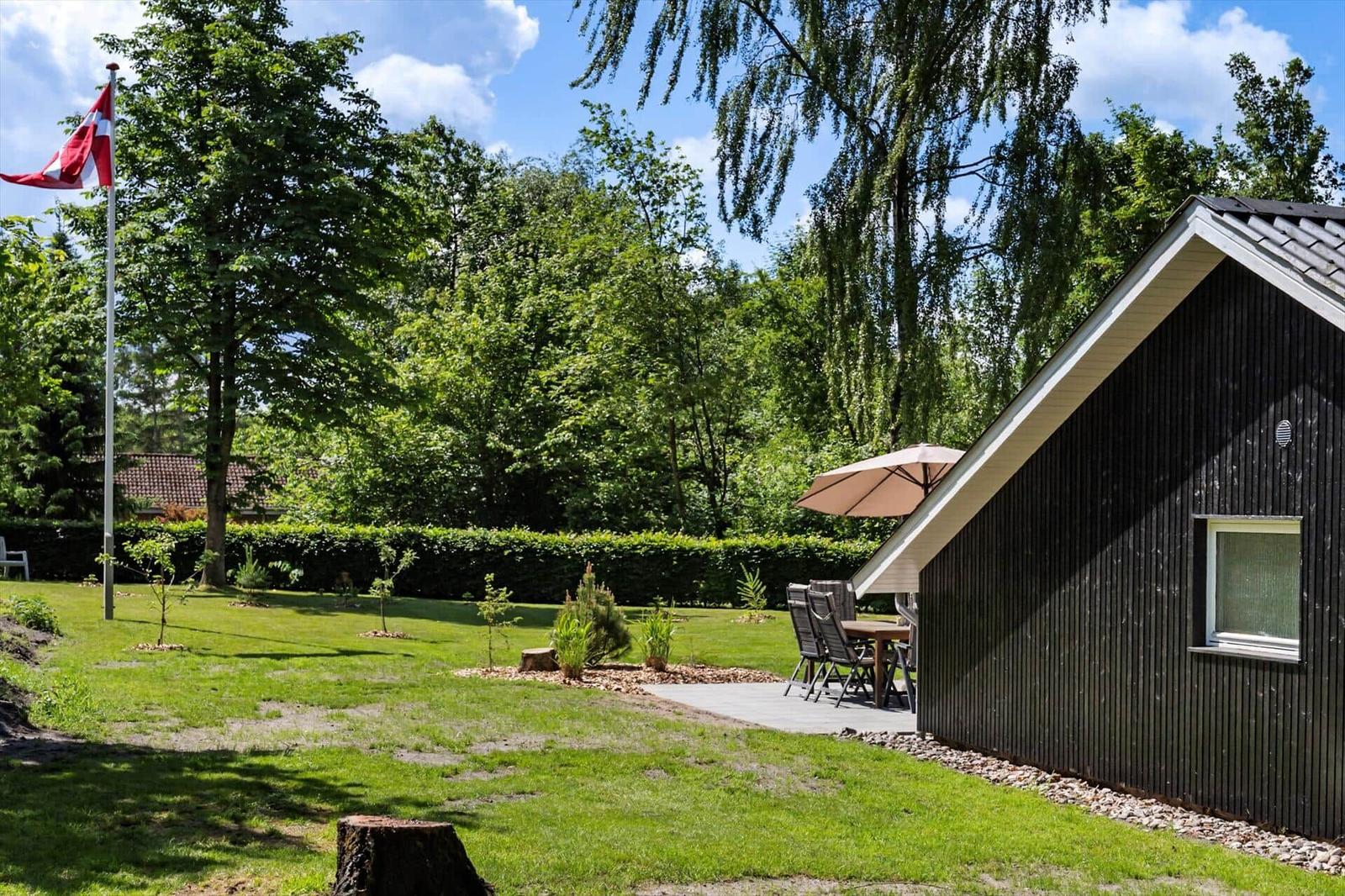 Schwarzes Holzhaus mit Garten, Terrasse und Flagge. Umgeben von Bäumen und Gras.
