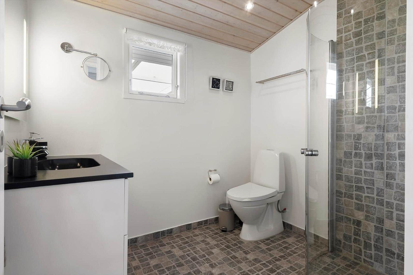 Badezimmer mit Dusche, Toilette und Waschbecken mit Pflanze.