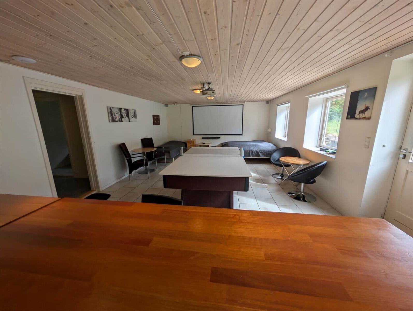 Room with ping pong table, bed, seating, and projection screen.