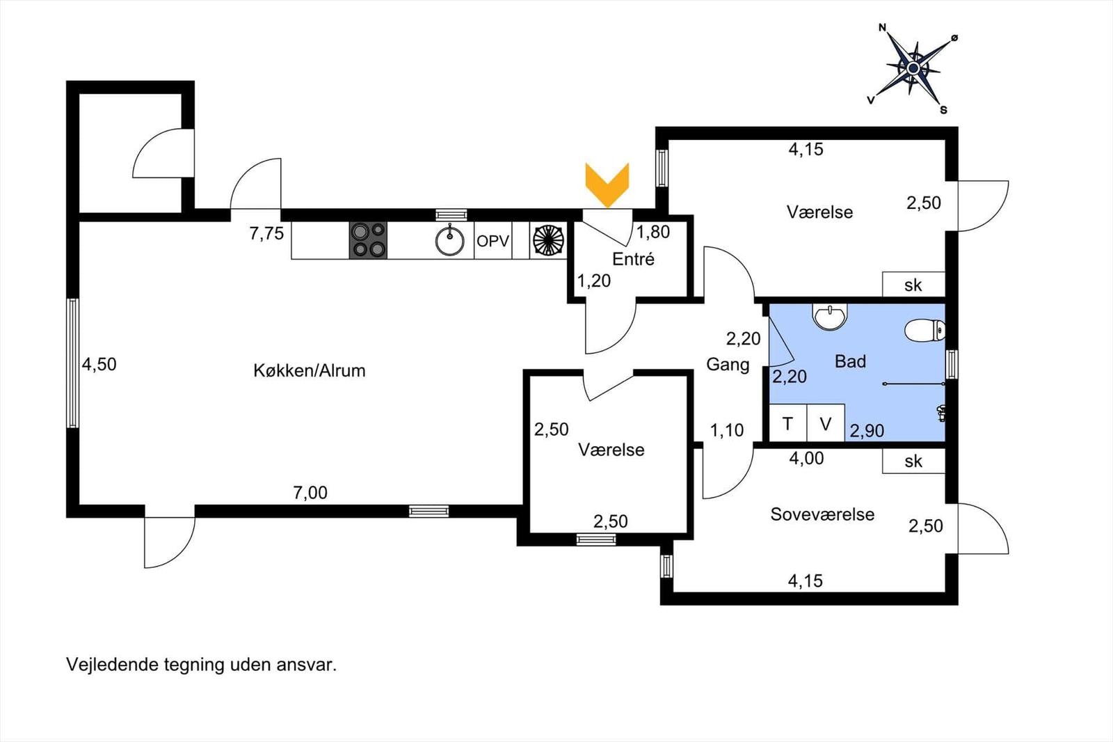 Wohnung mit Küche, Schlafzimmer, Bad und Flur. Flächenangaben in Metern.