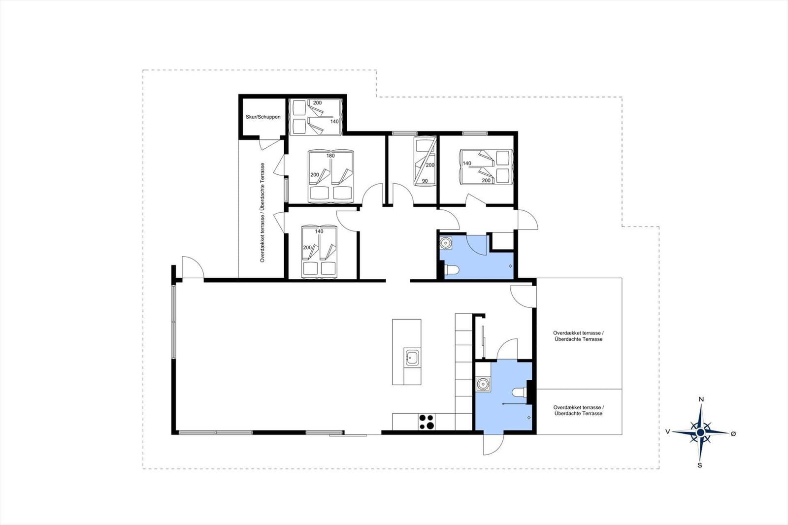Apartment with three bedrooms, kitchen, bathroom, and covered terrace.