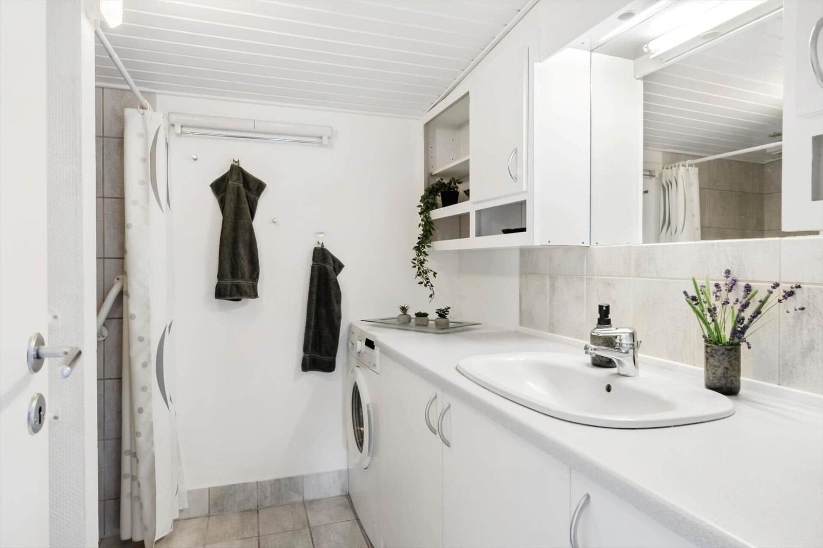 Badezimmer mit Waschmaschine, Spiegel und Lavendel im Topf.
