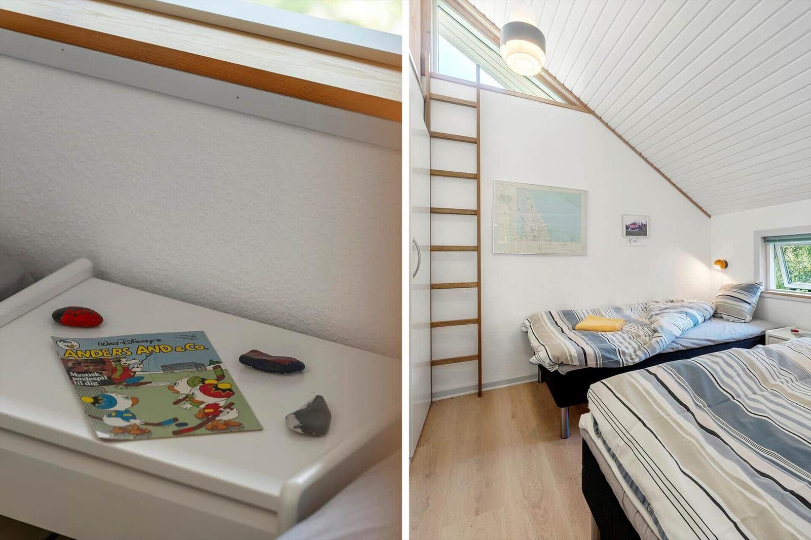 Two bedrooms with beds, one with ladder and maps on the wall.