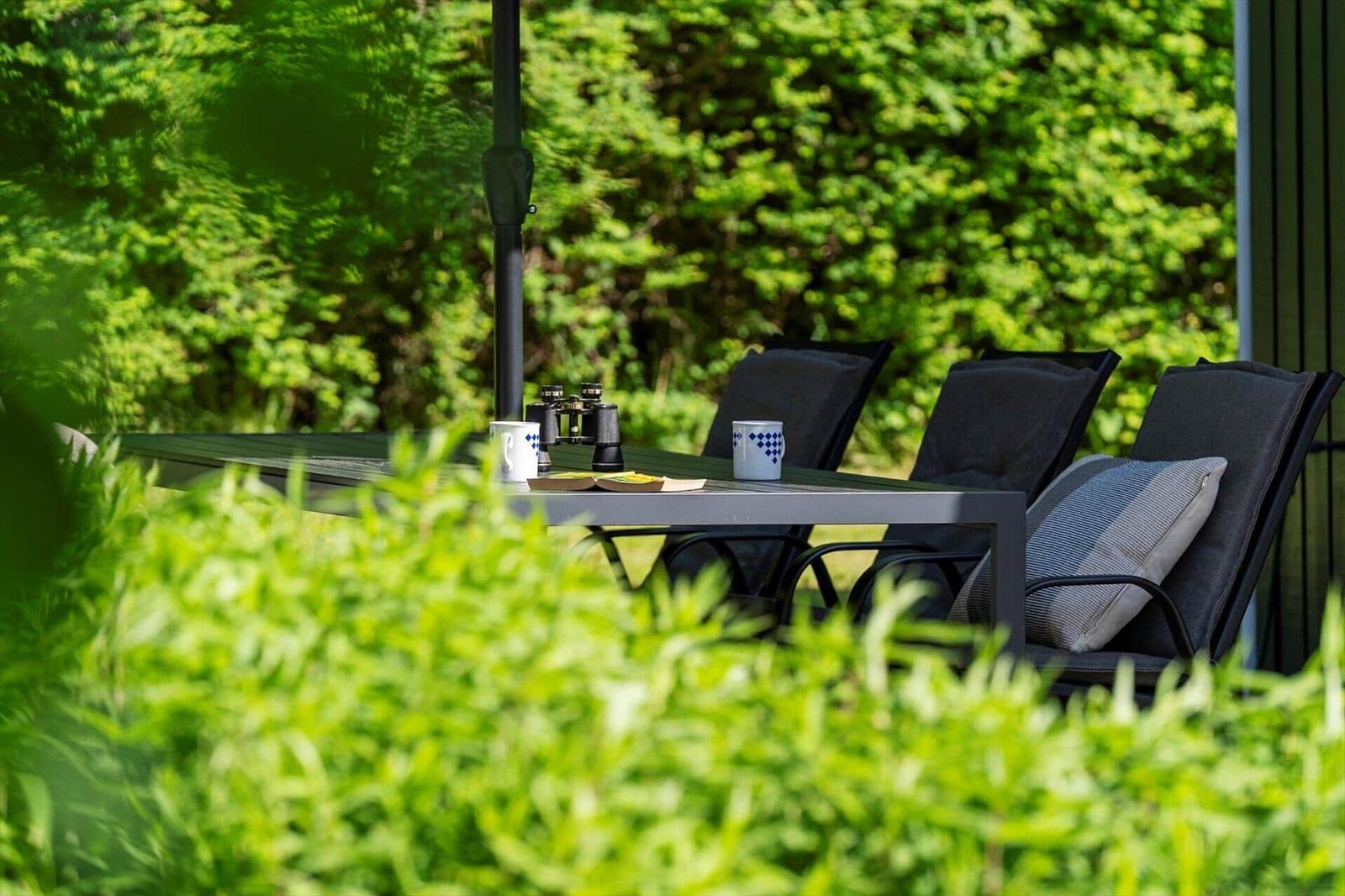 Terrace with table, chairs, and view into the green garden.