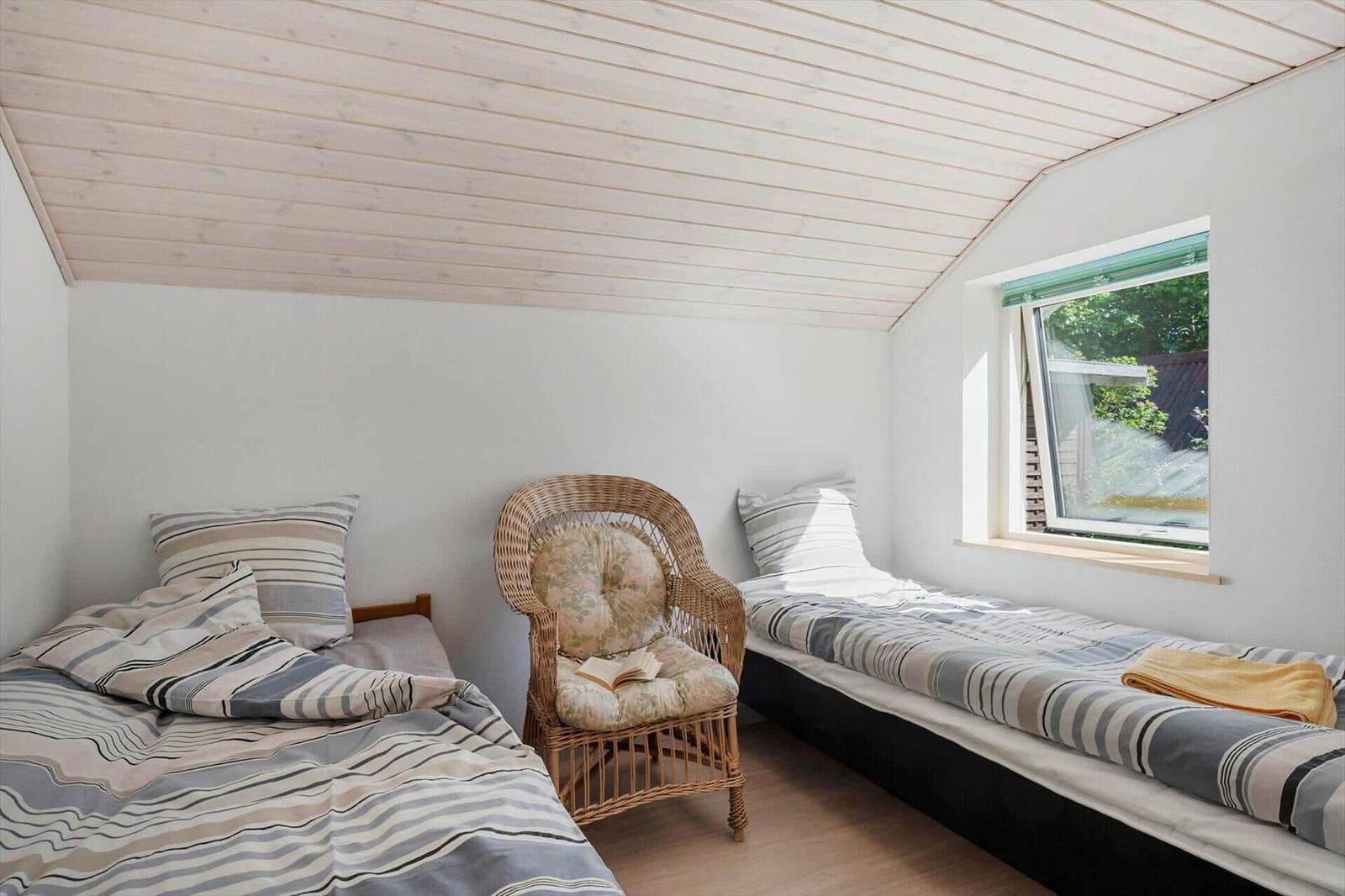 Two beds and a chair in the attic room with window.