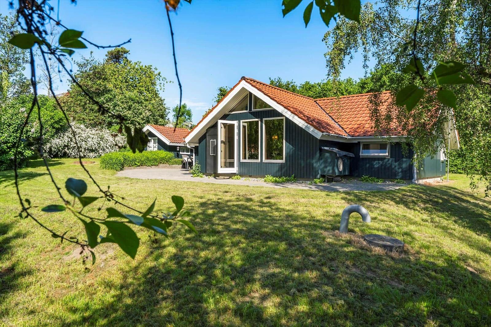 A dark blue house with a red roof and white window frames in the greenery.