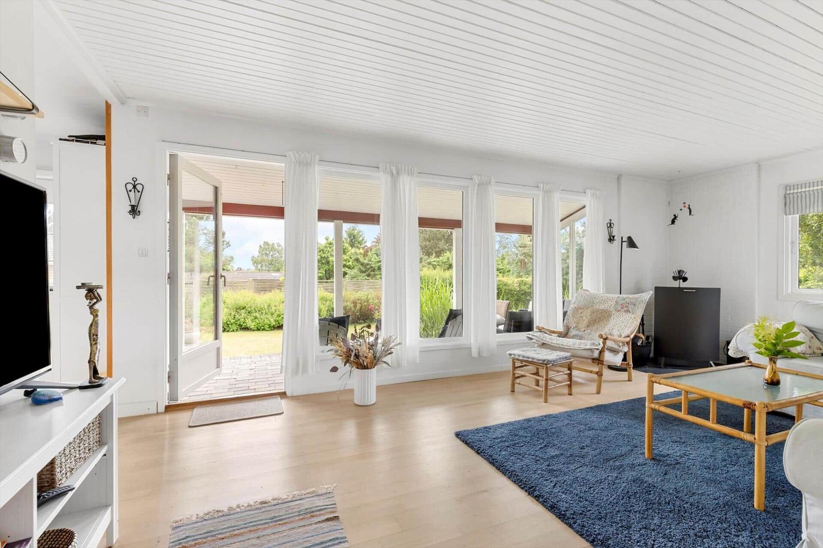 Living room with wooden floor, blue rug, and windows to the outdoor terrace.