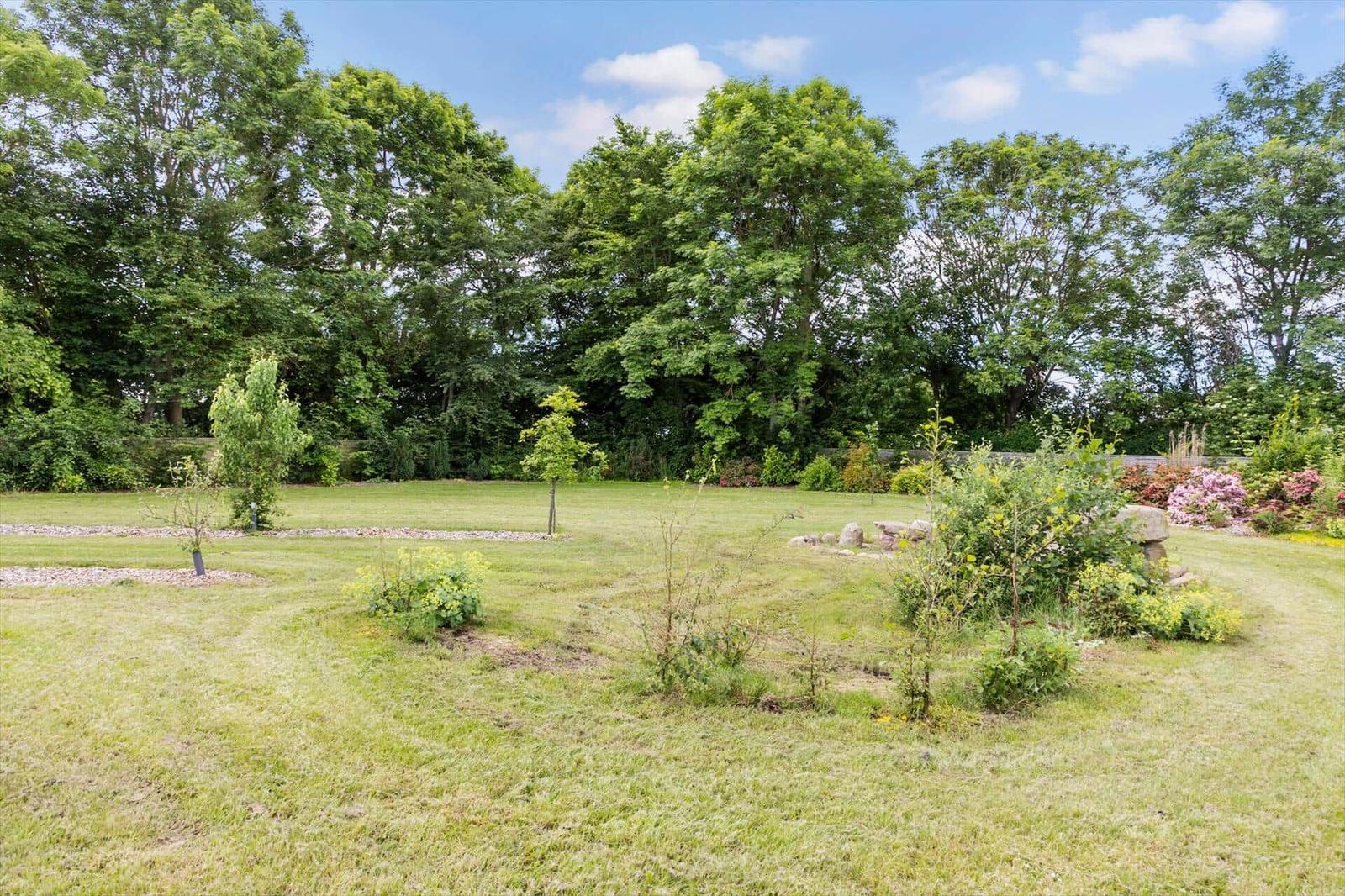Grüner Garten mit Bäumen und Blumenbeeten unter blauem Himmel.