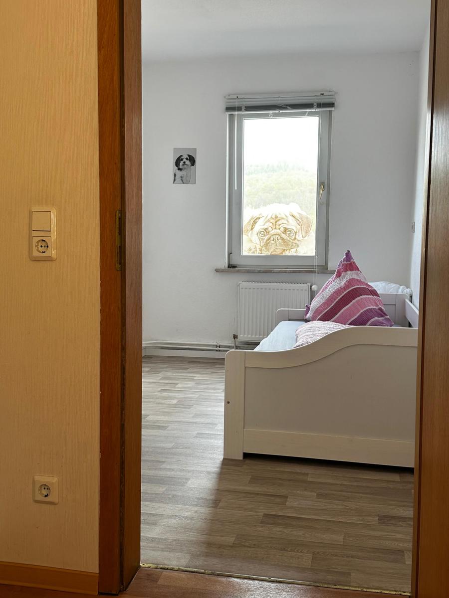 Schlafzimmer mit weißem Bett, Holzboden und Fenster mit Hundenbild.