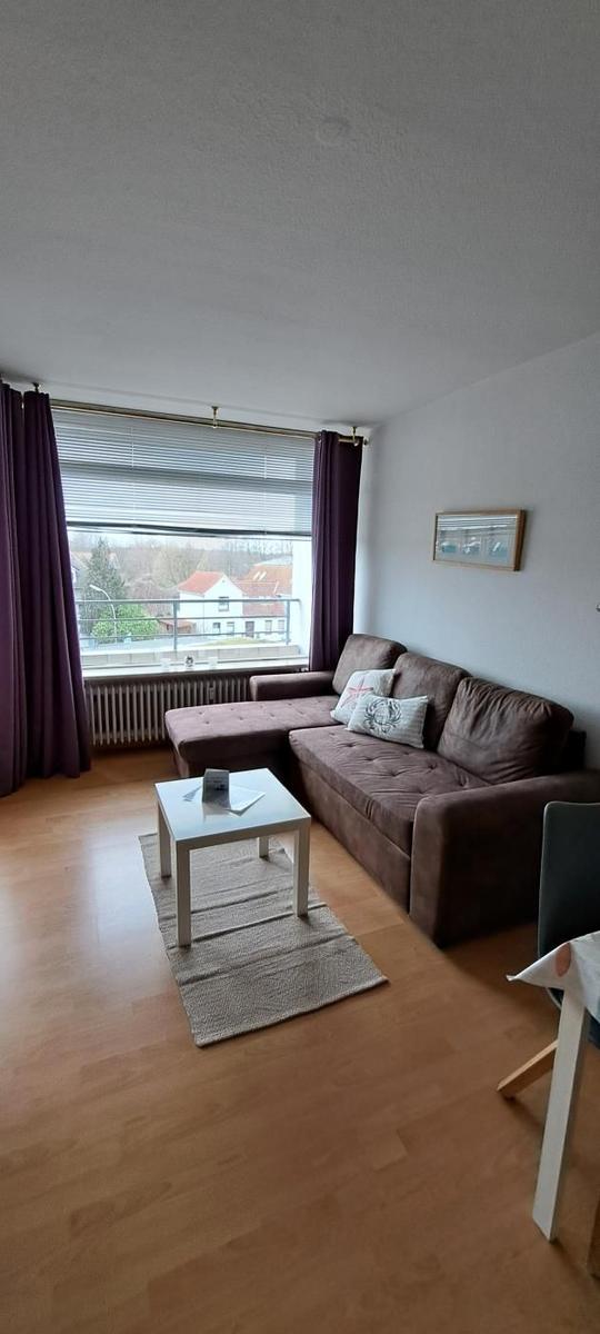 Wohnzimmer mit braunem Sofa, Tisch und Fenster mit Blick auf die Straße.