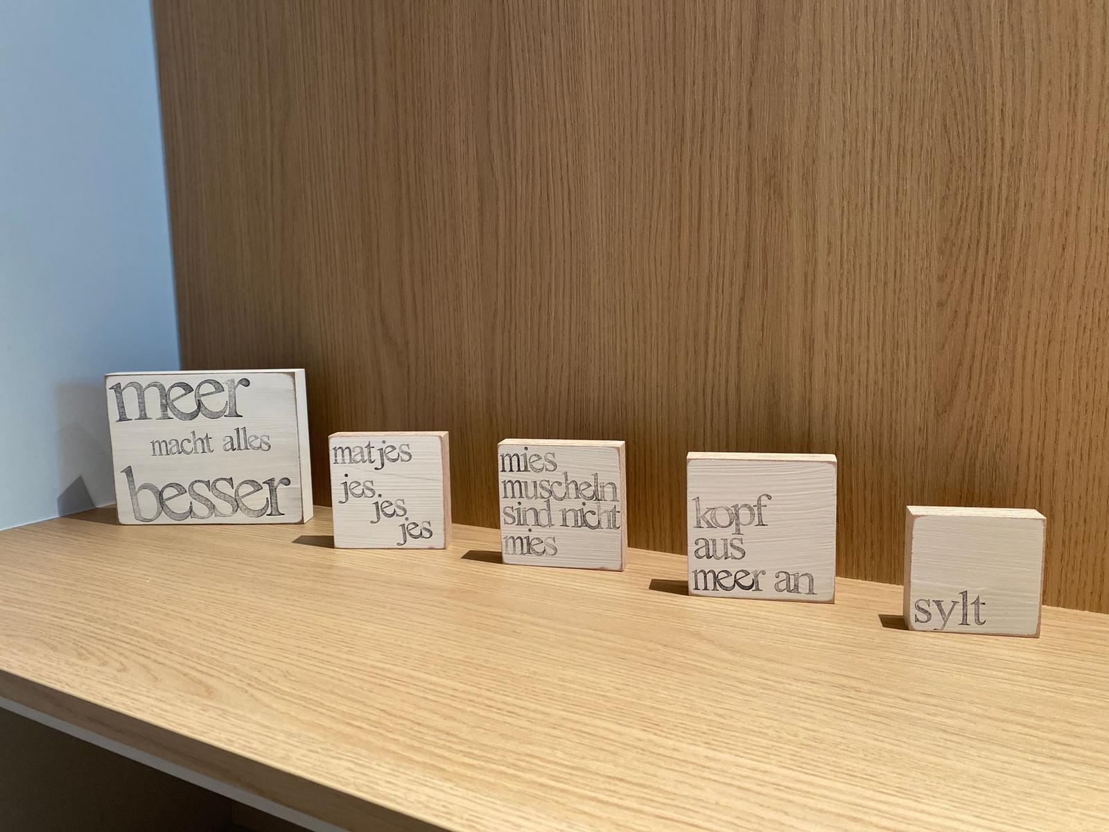 Fünf hölzerne Schilder mit Motiven rund ums Meer stehen auf einer Holzoberfläche.