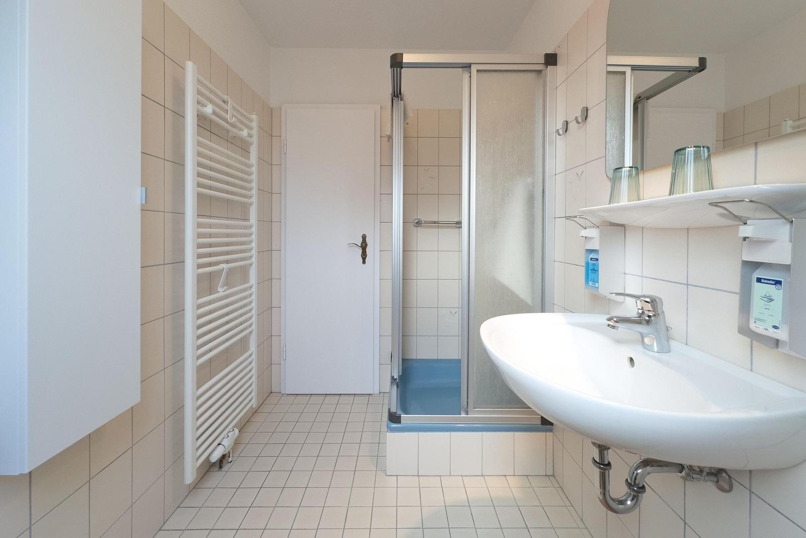 Badezimmer mit Dusche, Waschbecken und Heizkörper an der Wand.