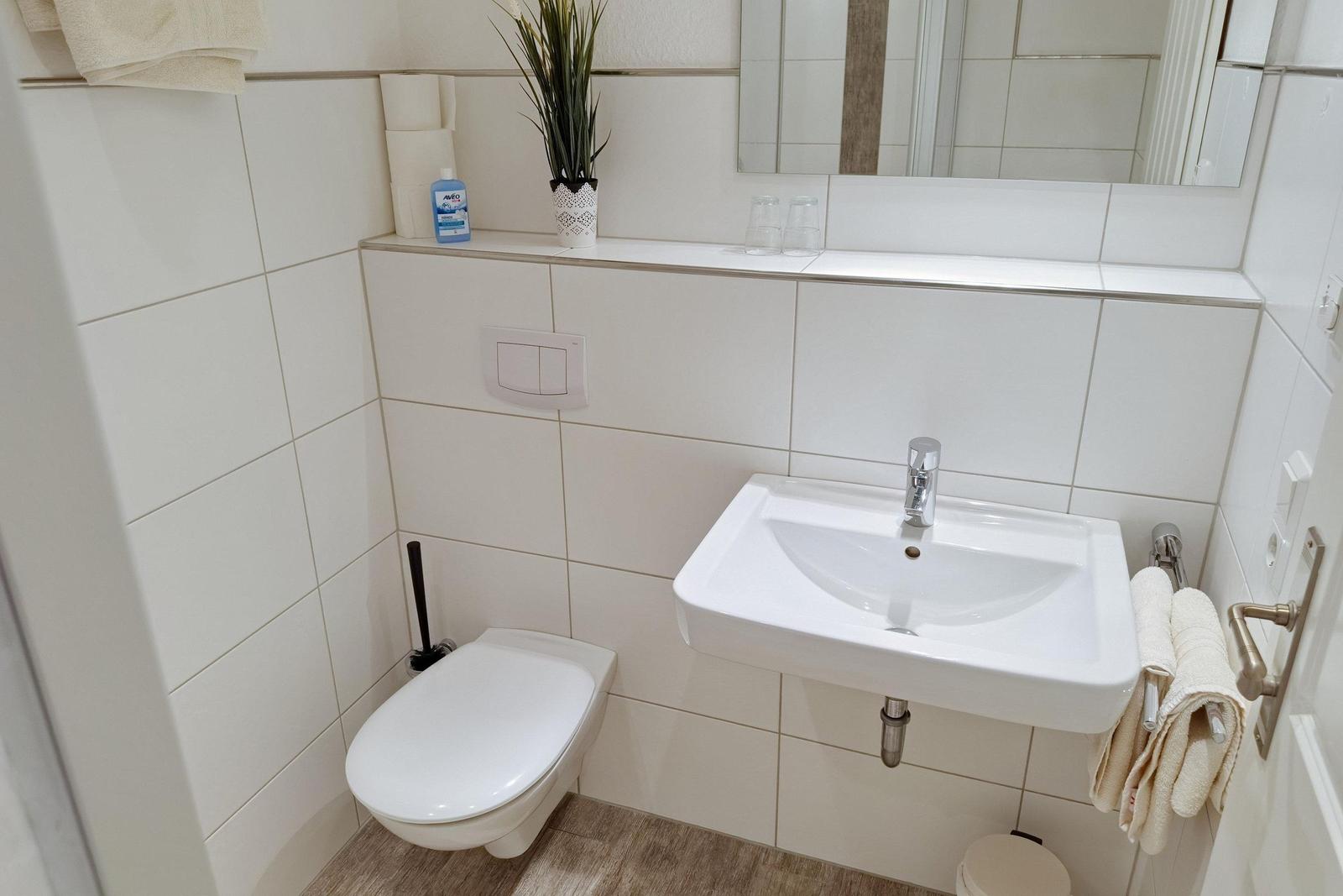 Badezimmer mit Waschbecken, Spiegel, Toilette und Handtuchhalter.