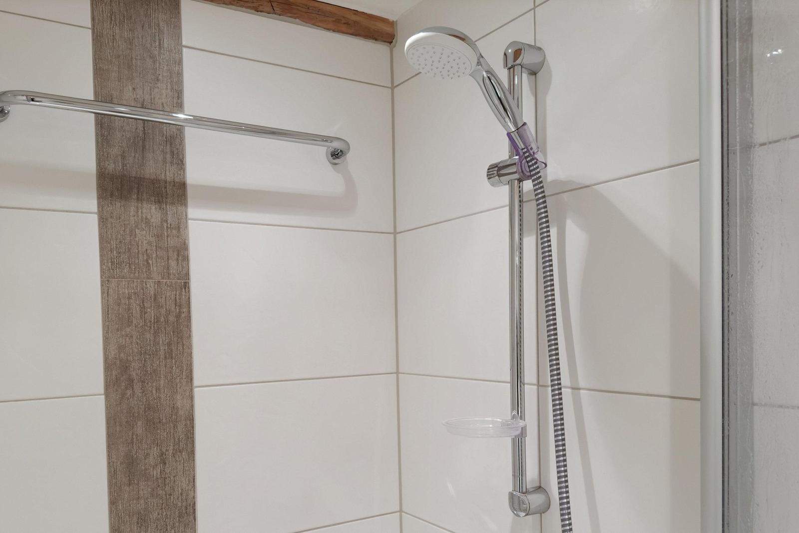 Dusche mit Duschbrause und Handbrause, Wandfliesen und Duschwand