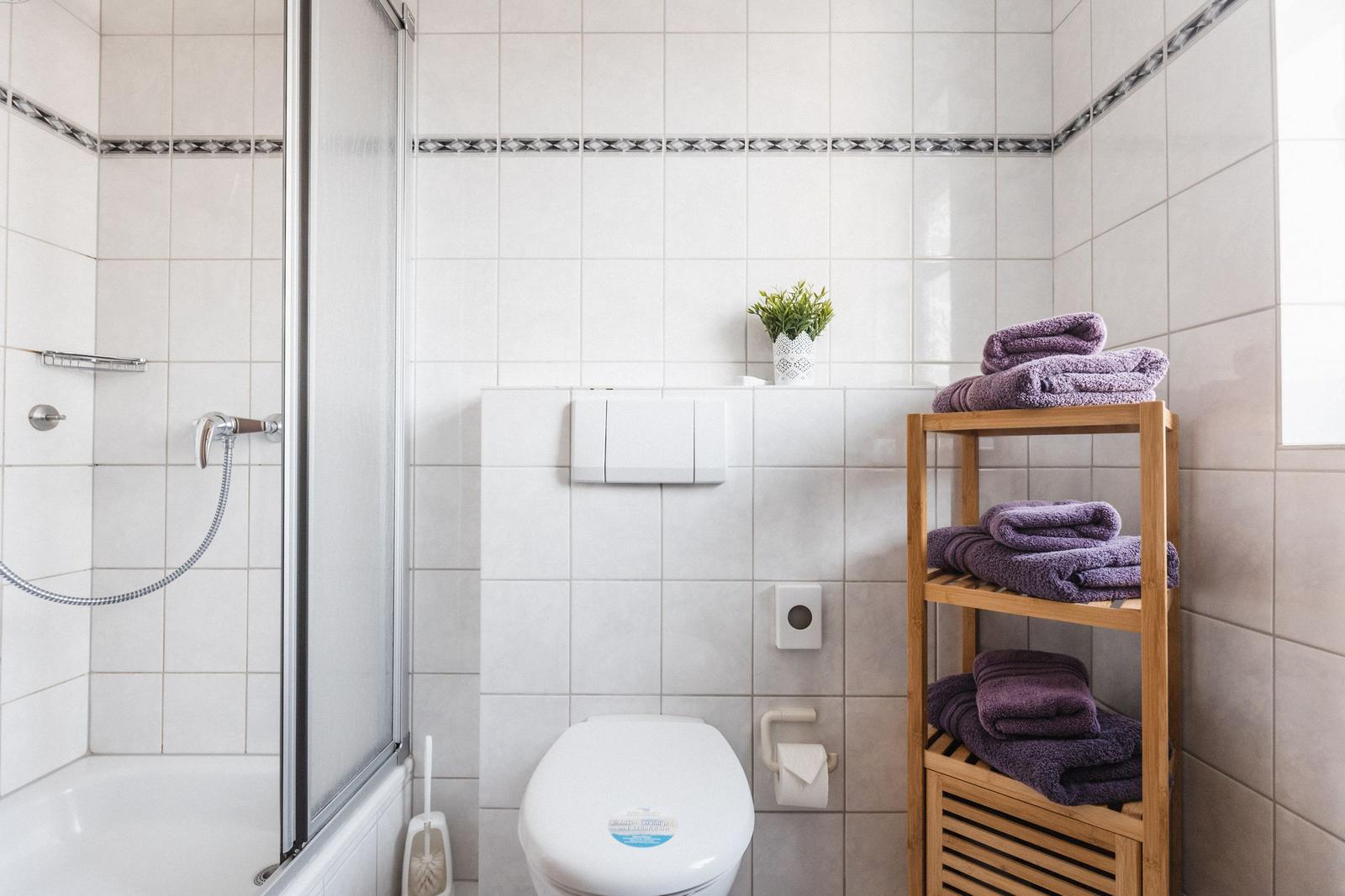 Badezimmer mit Dusche, Toilette und Holzregal mit Handtüchern.