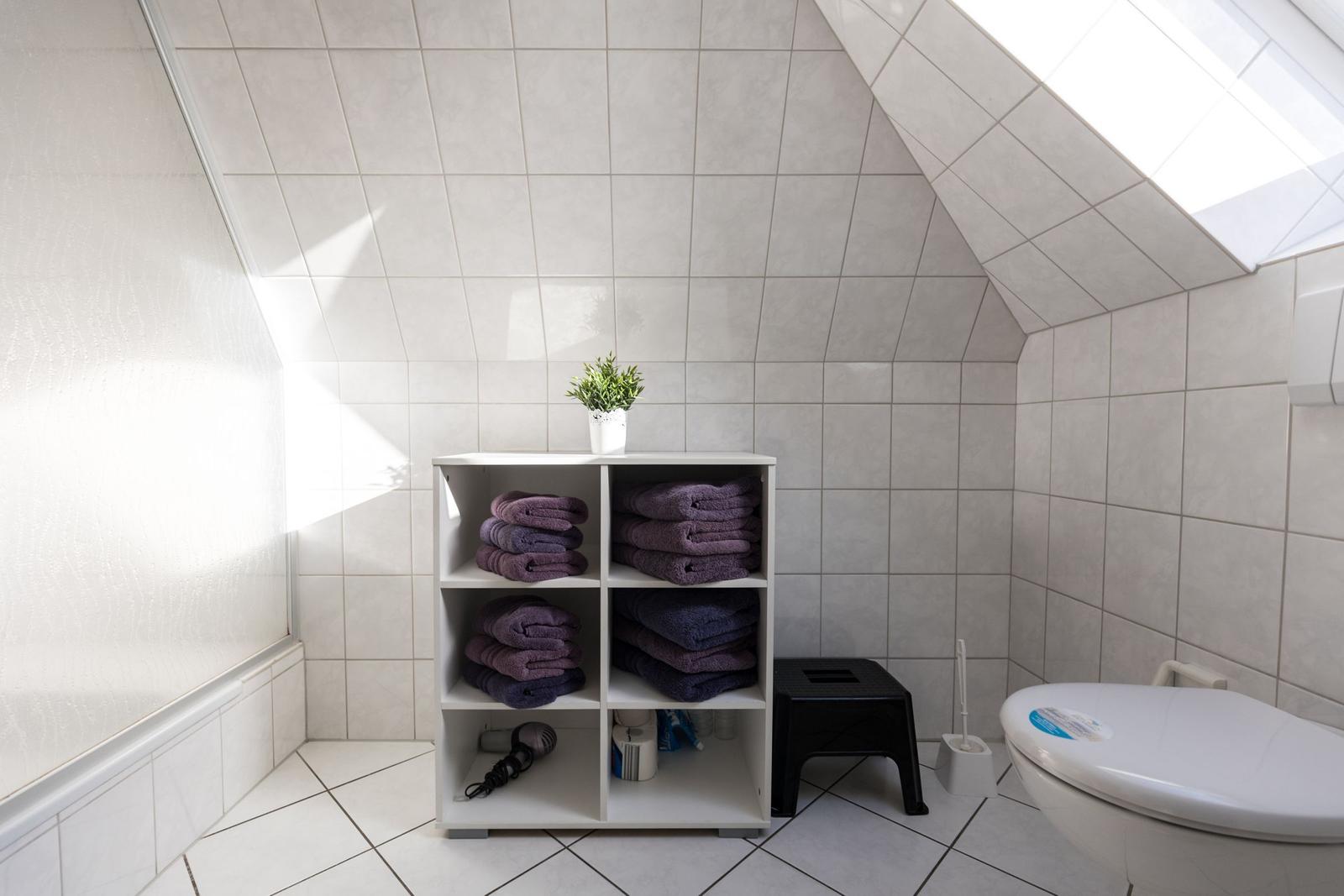Badezimmer mit Dachfenster, weißen Fliesen und einem Regal mit Handtüchern.