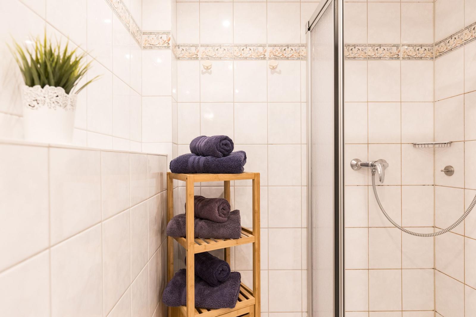 Badezimmer mit Dusche, Holzregal und gefalteten Handtüchern