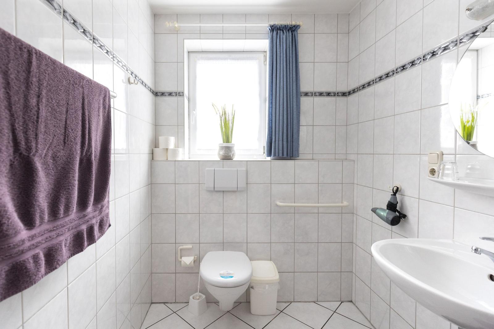 Badezimmer mit Toilette, Waschbecken und Fenster mit Vorhang.
