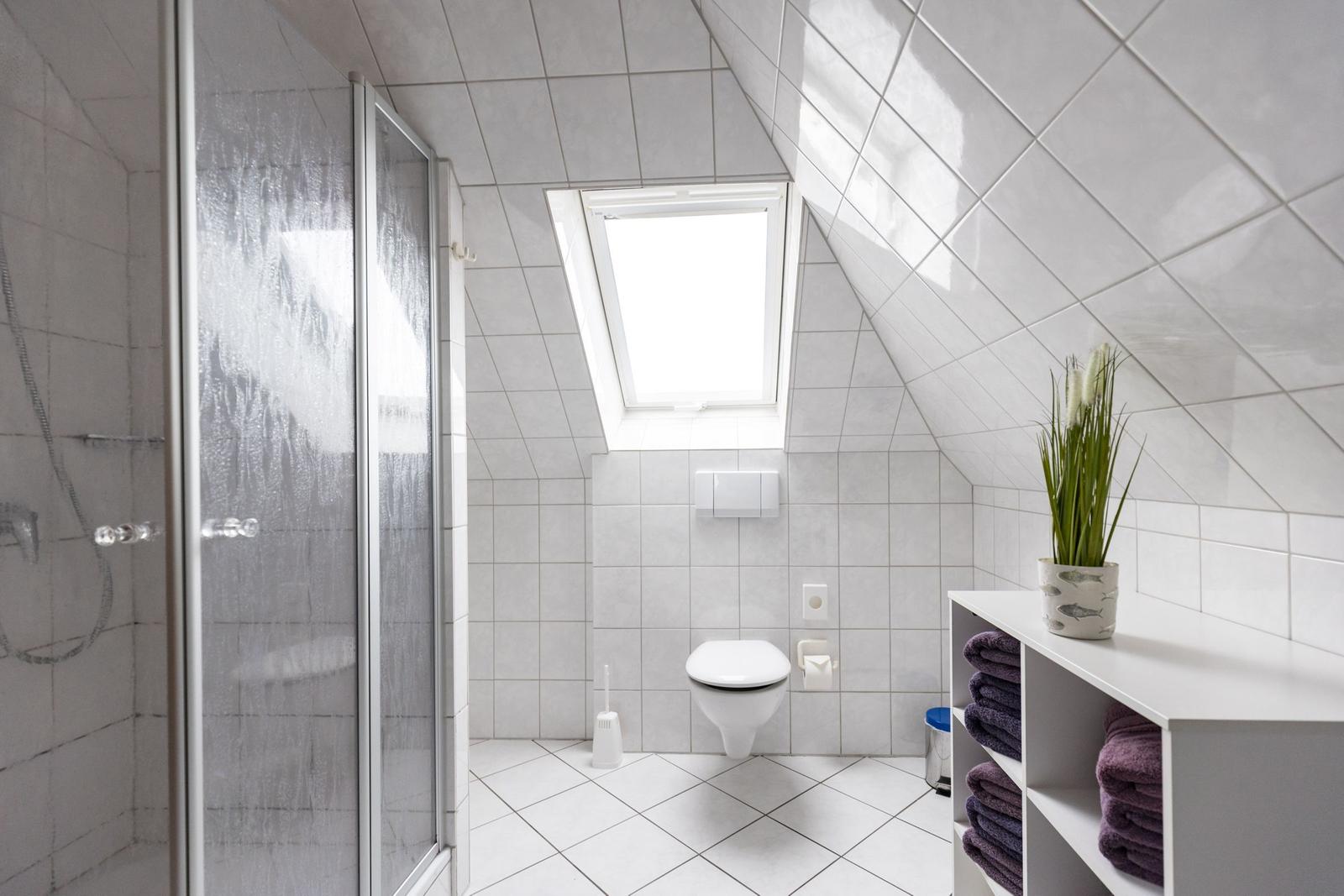 Badezimmer mit Dusche, Toilette und Dachfenster. Weiße Fliesen und Handtuchregal.