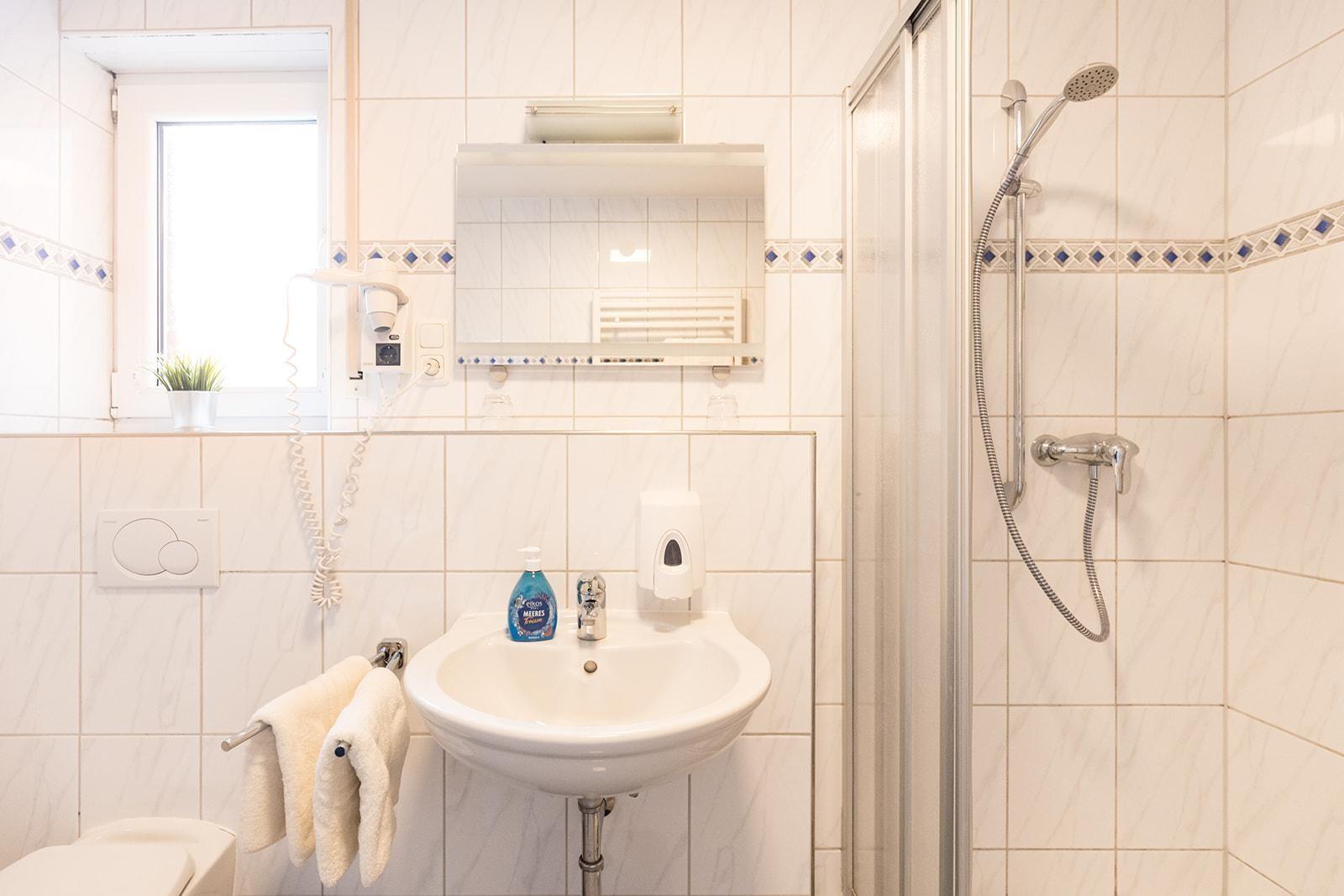 Badezimmer mit Dusche, Waschbecken und Fenster.