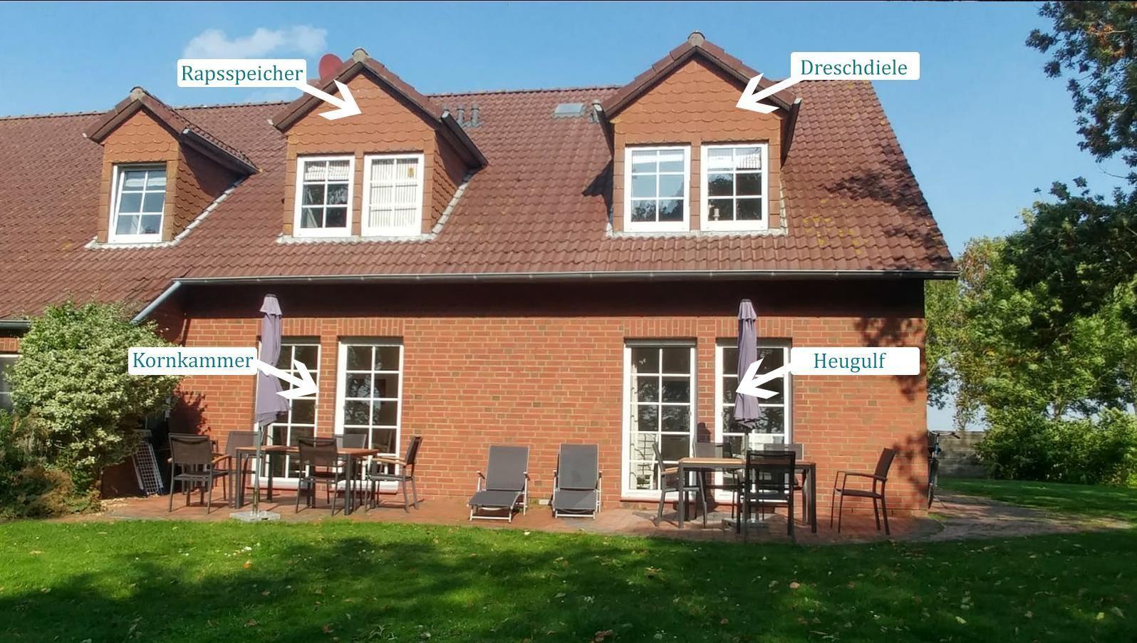 Red brick building with dormers, patio, and garden. Furniture and sunshades are present.