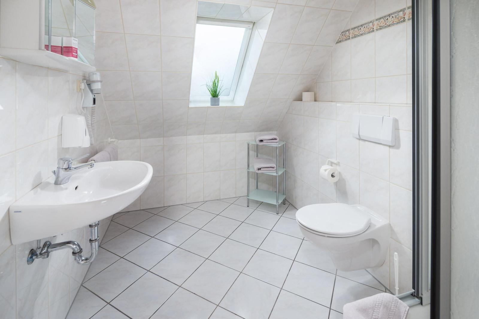 Badezimmer mit Dusche, Toilette und Waschbecken unter Dachschrägen.