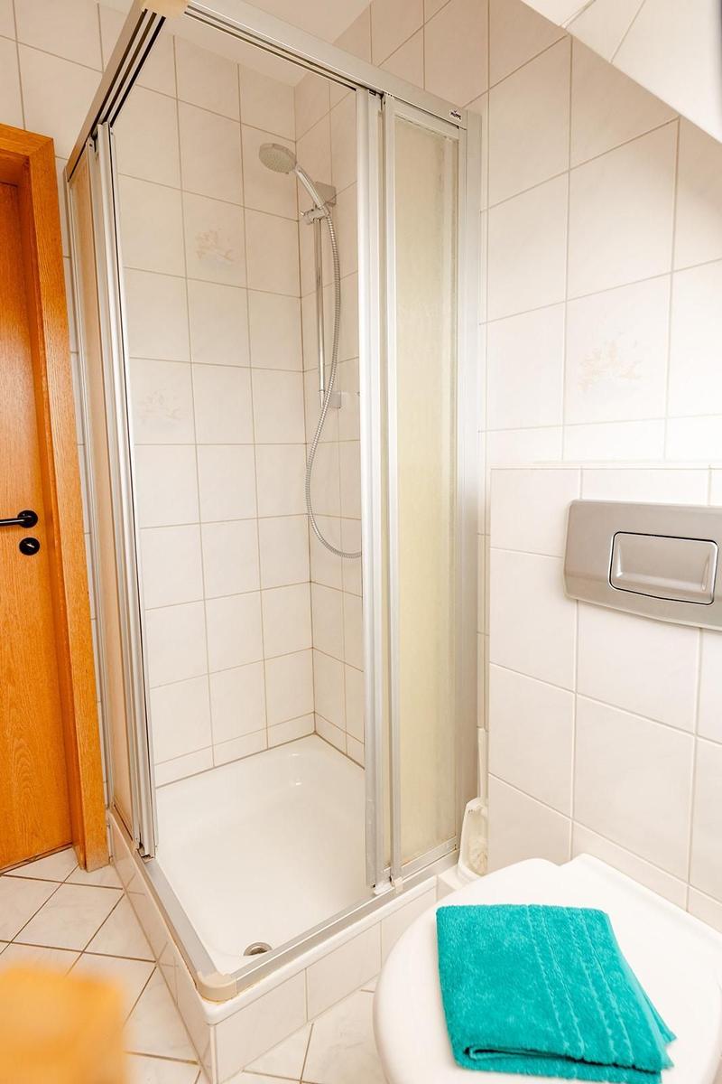 Dusche mit Glaswand, Toilette und grüner Handtuch