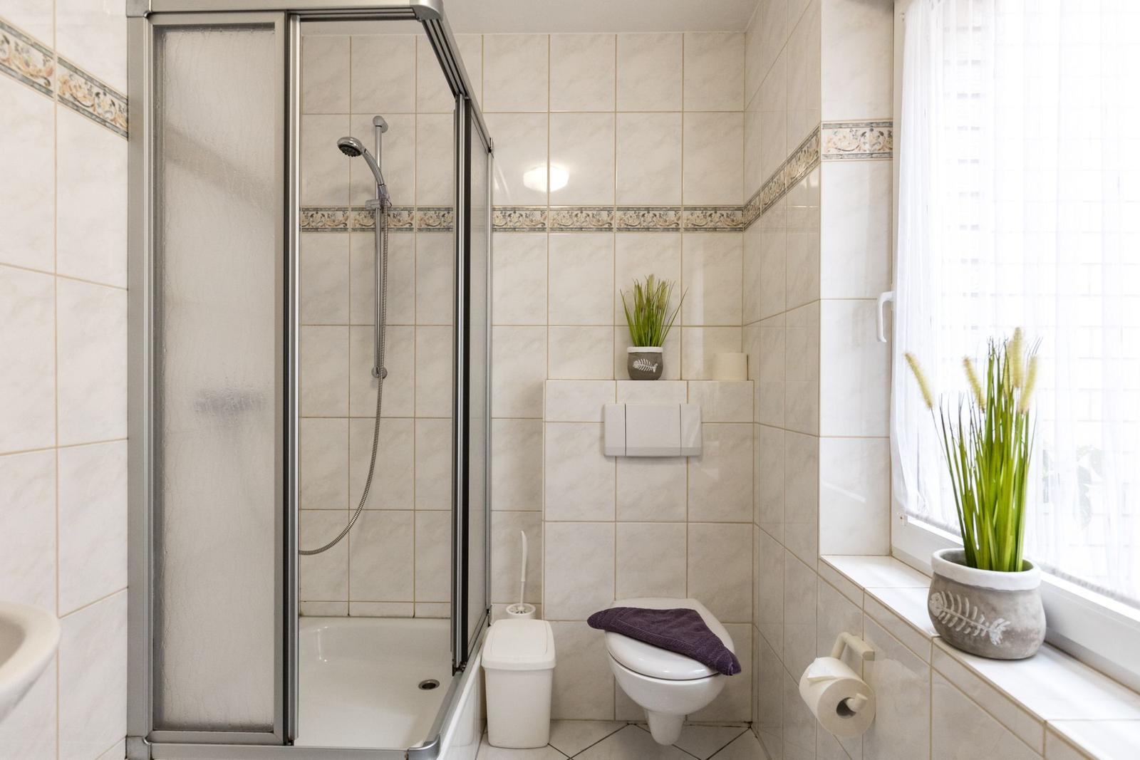 Badezimmer mit Dusche, Toilette und Pflanzen an Fensterbank.