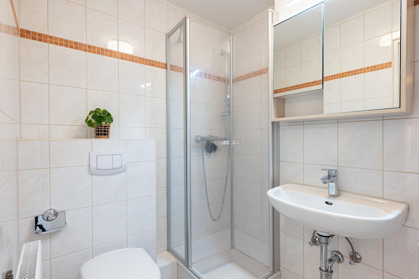 Badezimmer mit Dusche, Waschbecken und Spiegelschrank. Wandfliesen mit brauner Zierleiste.