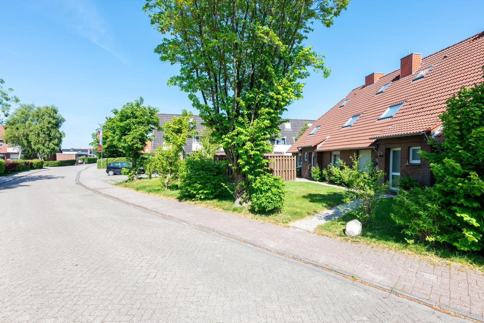 Eine Straße mit gepflastertem Boden, Bäumen und einem Haus mit rotem Dach.