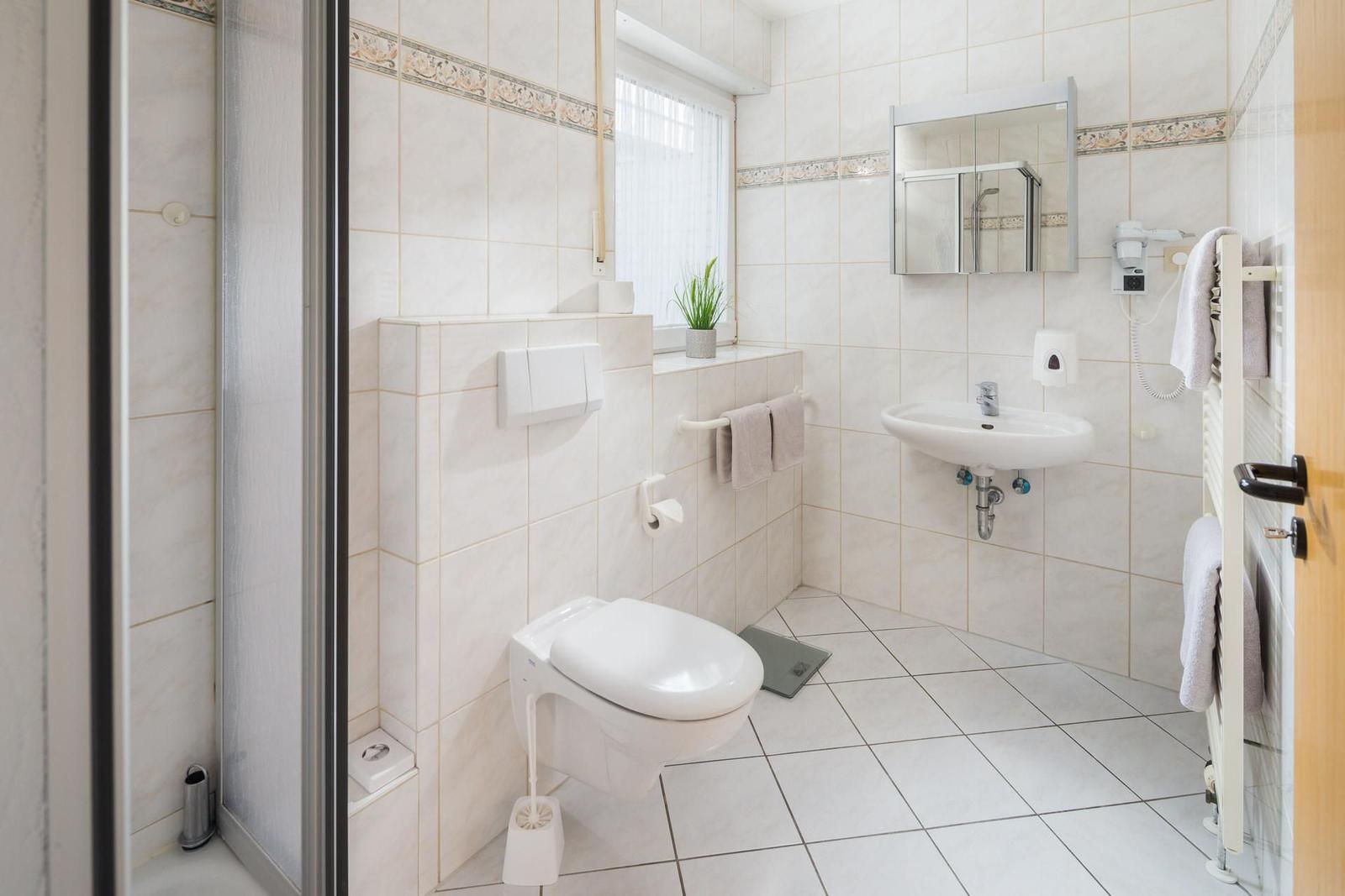Badezimmer mit Dusche, Toilette, Waschbecken und Spiegel