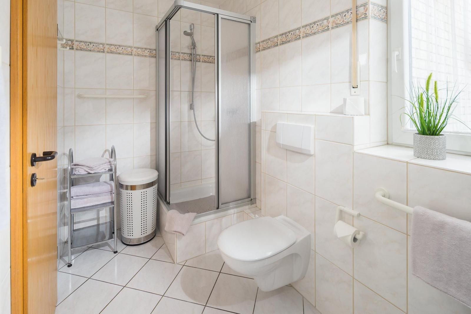 Badezimmer mit Dusche, Toilette und Fenster mit Pflanze.
