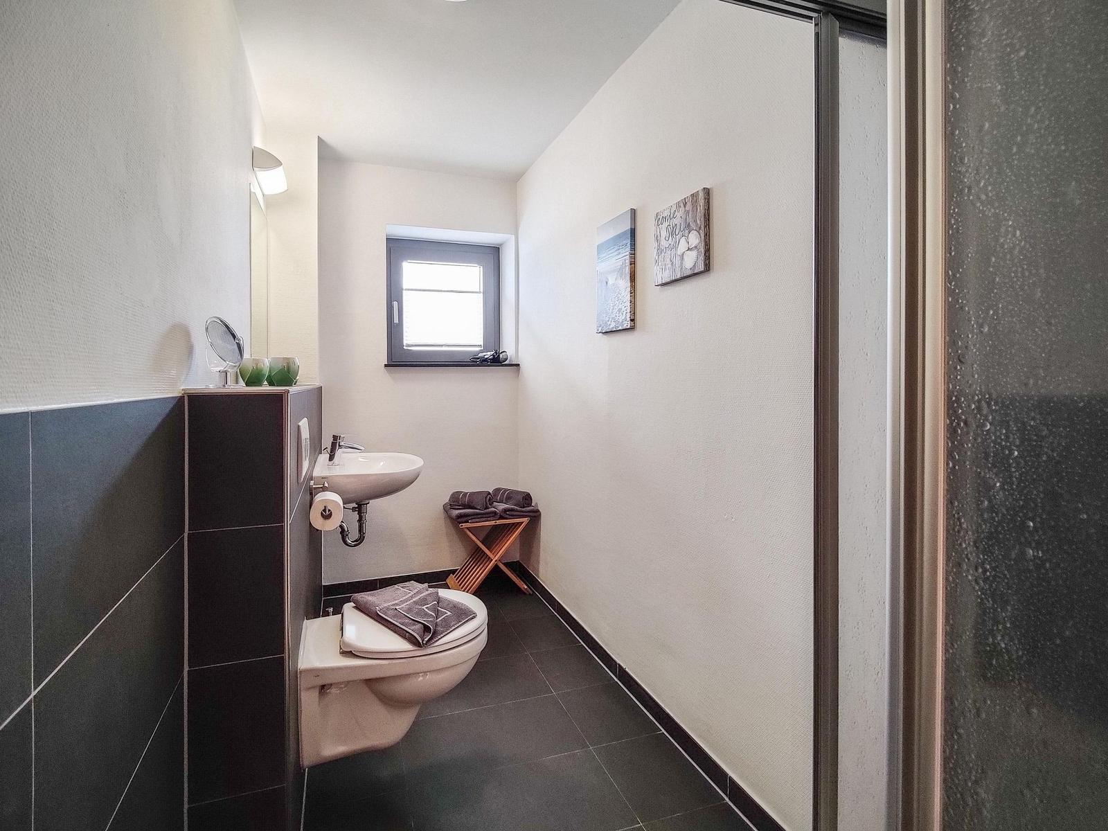 Badezimmer mit Toilette, Waschbecken und Dusche. Fenster, Bilder und Handtücher sind sichtbar.