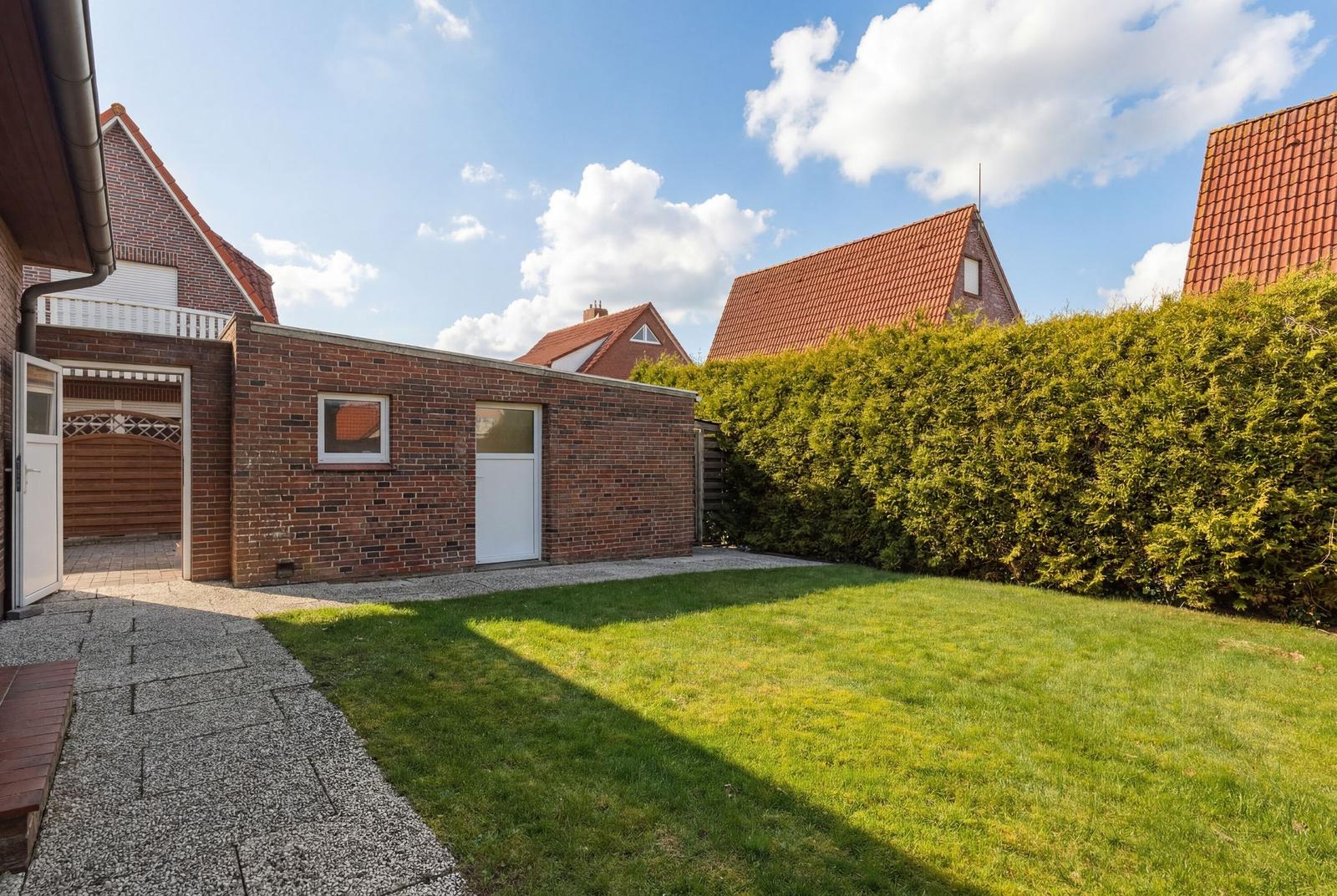 Hinterhof mit Grünfläche, Ziegelmauer und Hecke. Weiße Tür und Fenster sichtbar.