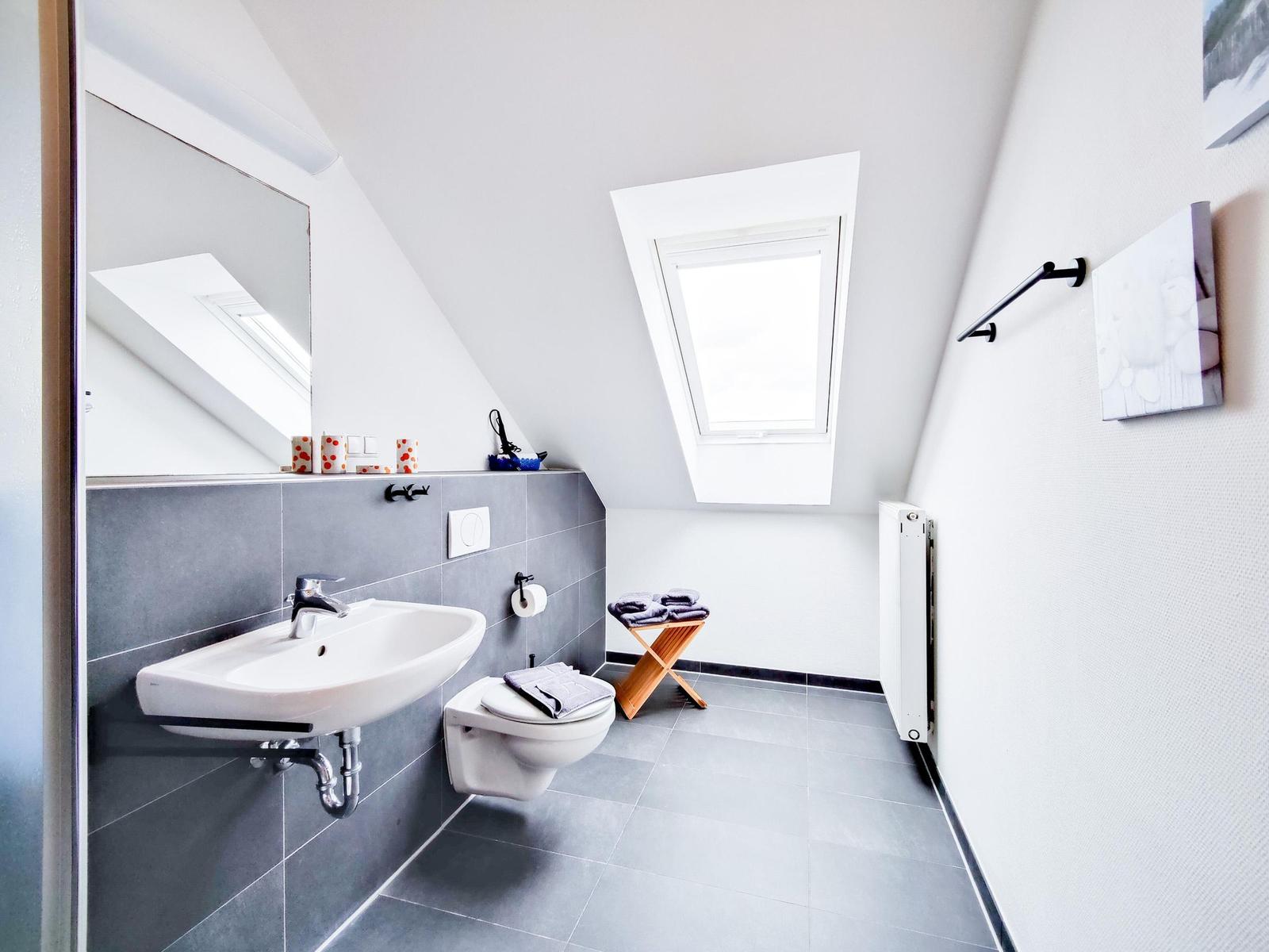 Dusche mit Dachfenster, Spiegel und Toilette in einem schrägen Dachbodenbad.