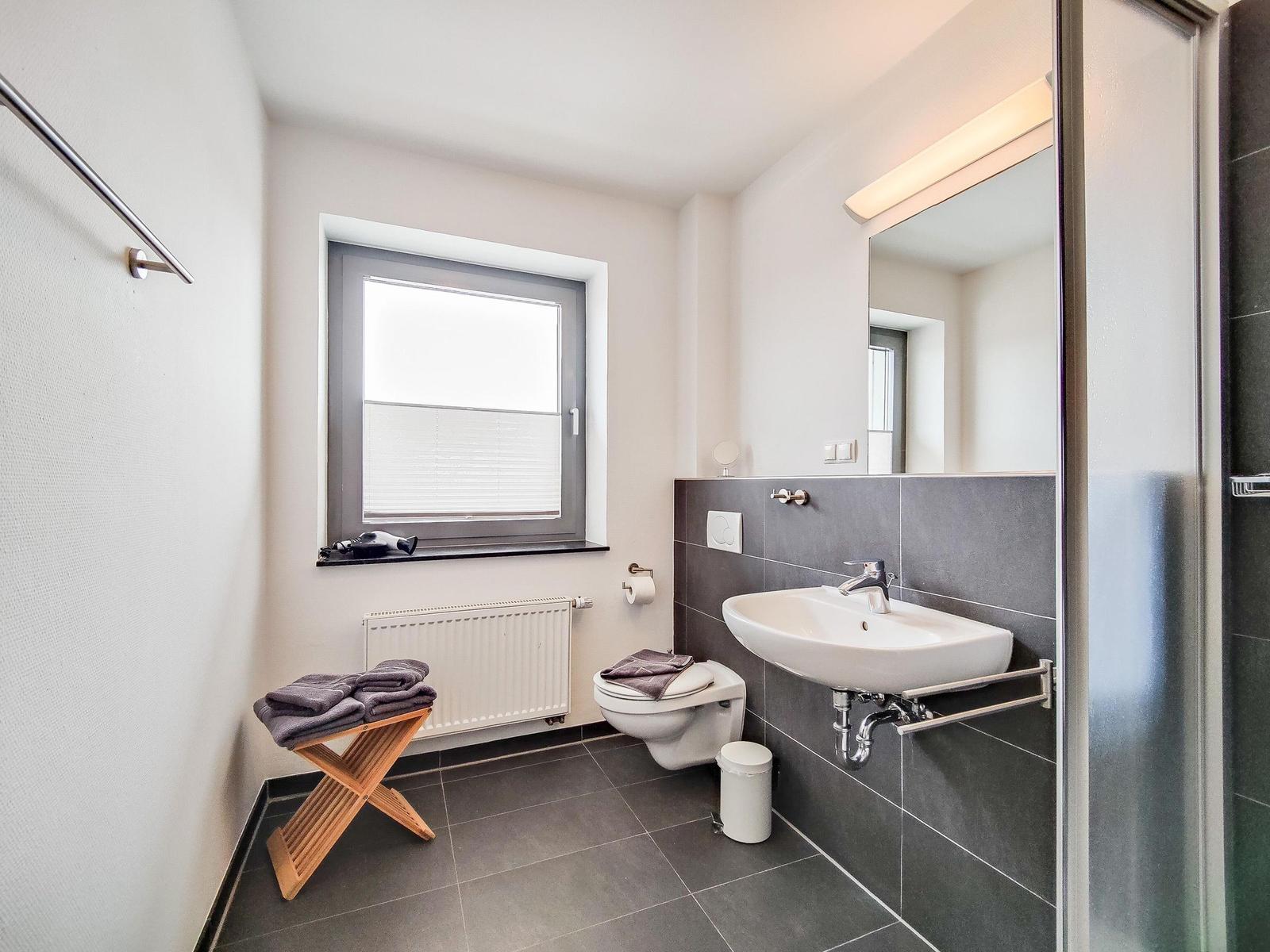 Badezimmer mit Waschbecken, Toilette, Dusche und Fenster