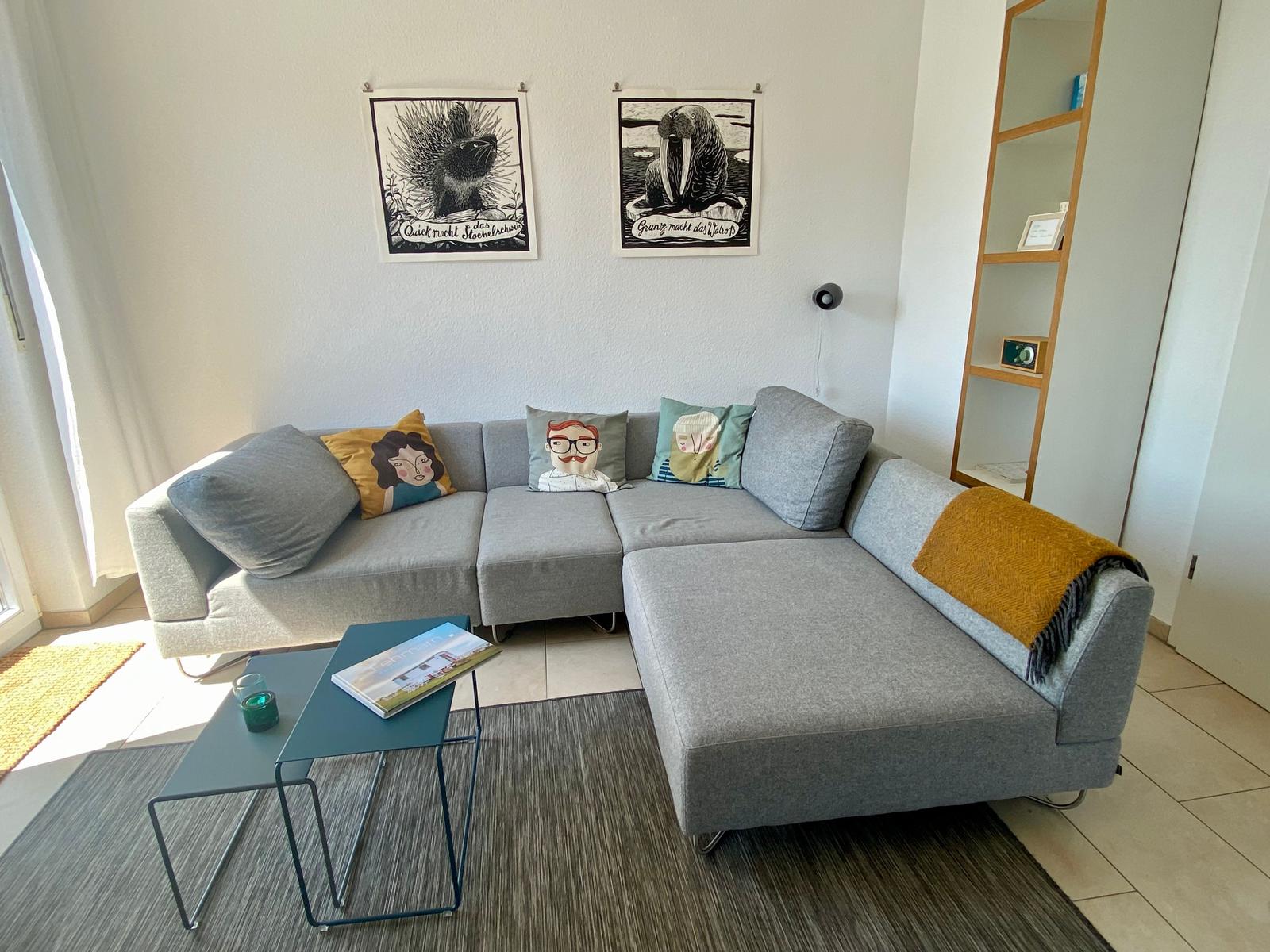 Ein grauer Ecksofa mit Kissen und Decke. Auf dem Tisch liegt ein Buch.