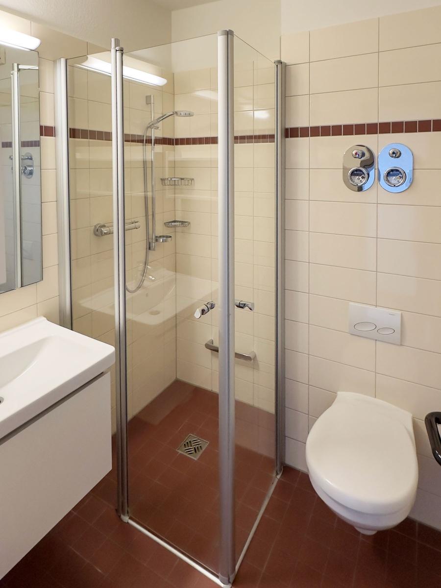 Duschkabine mit Duschbrause, Toilette und Waschbecken mit Spiegel.