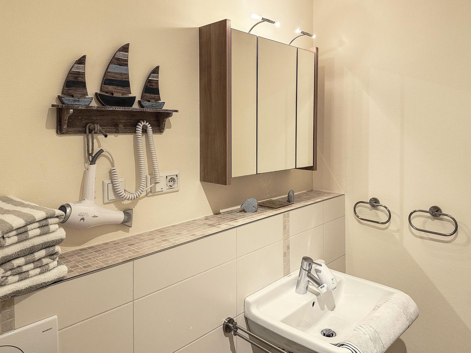Badezimmer mit Waschbecken, Spiegelschrank und Wandhalterung für Handtuch und Haartrockner.