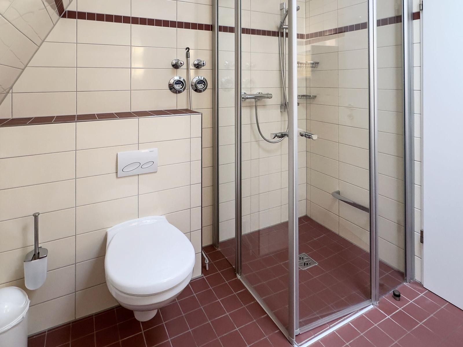 Bathroom with shower, toilet, and tiled floor.