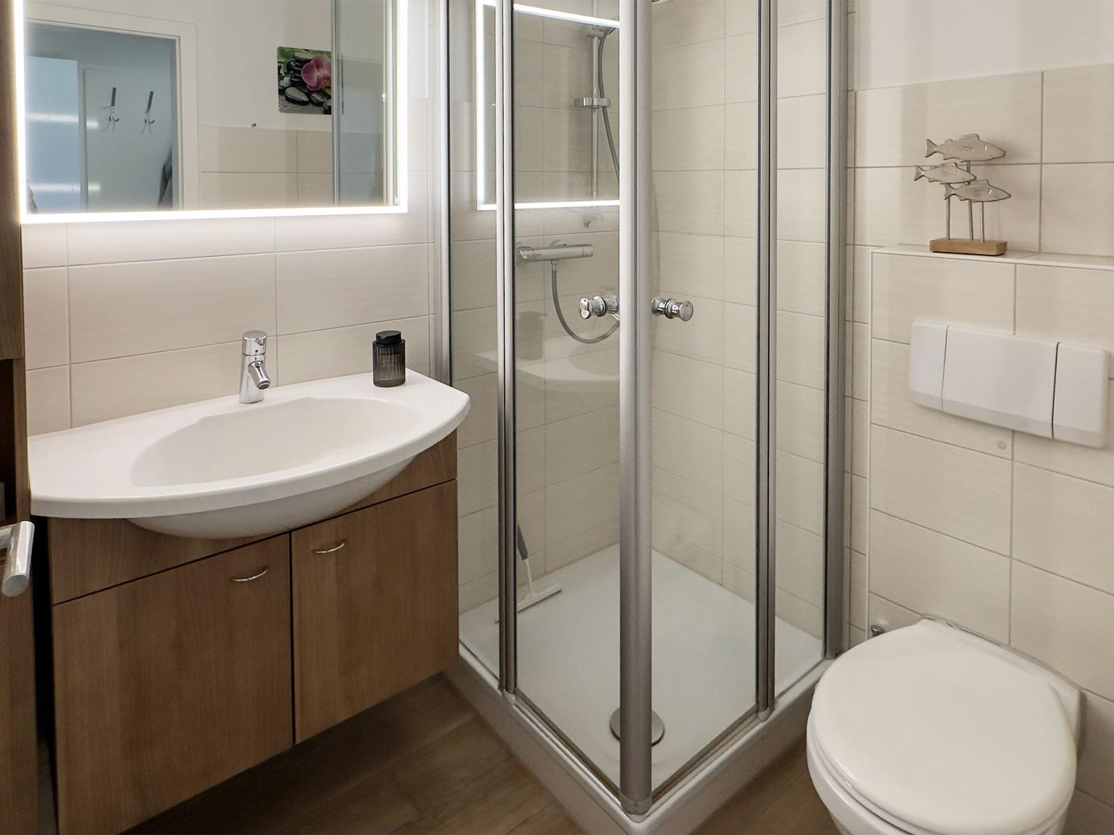 Bathroom with shower, sink, and toilet. Wooden cabinet and mirror with lighting.