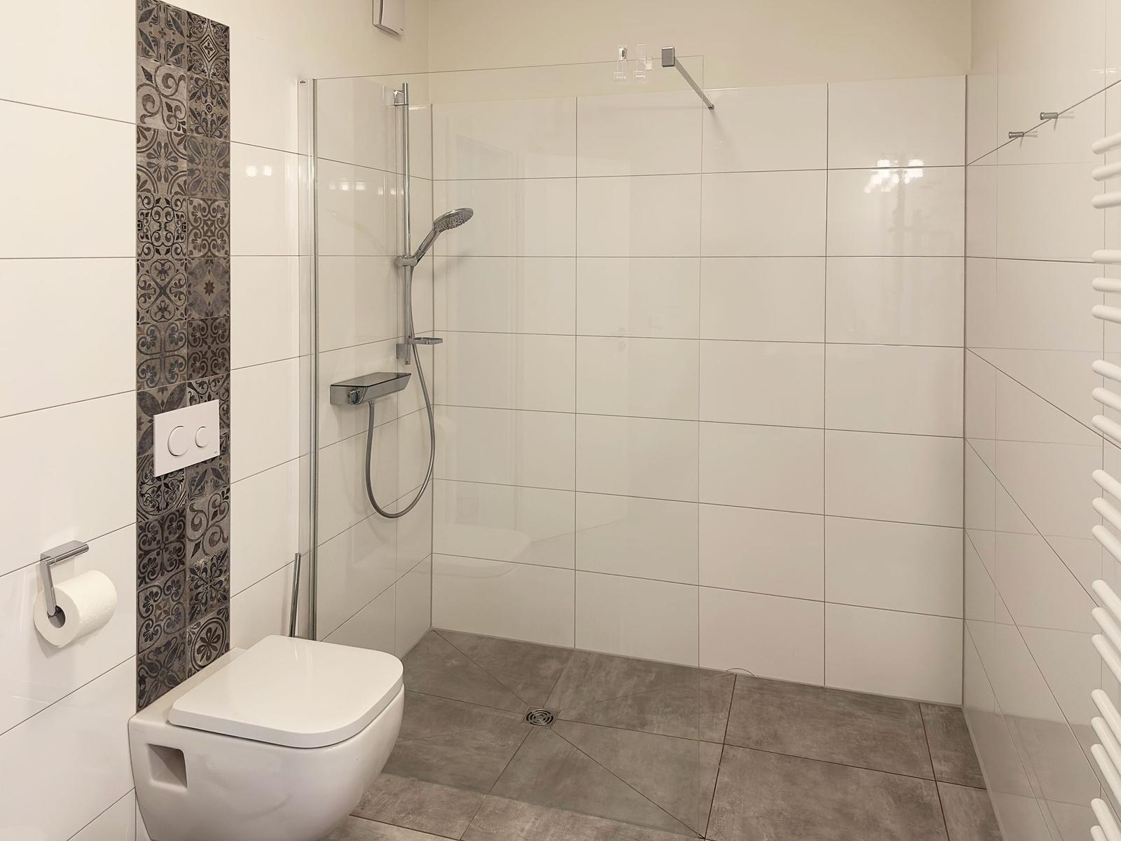 Bad mit Dusche, Toilette und Heizkörper
