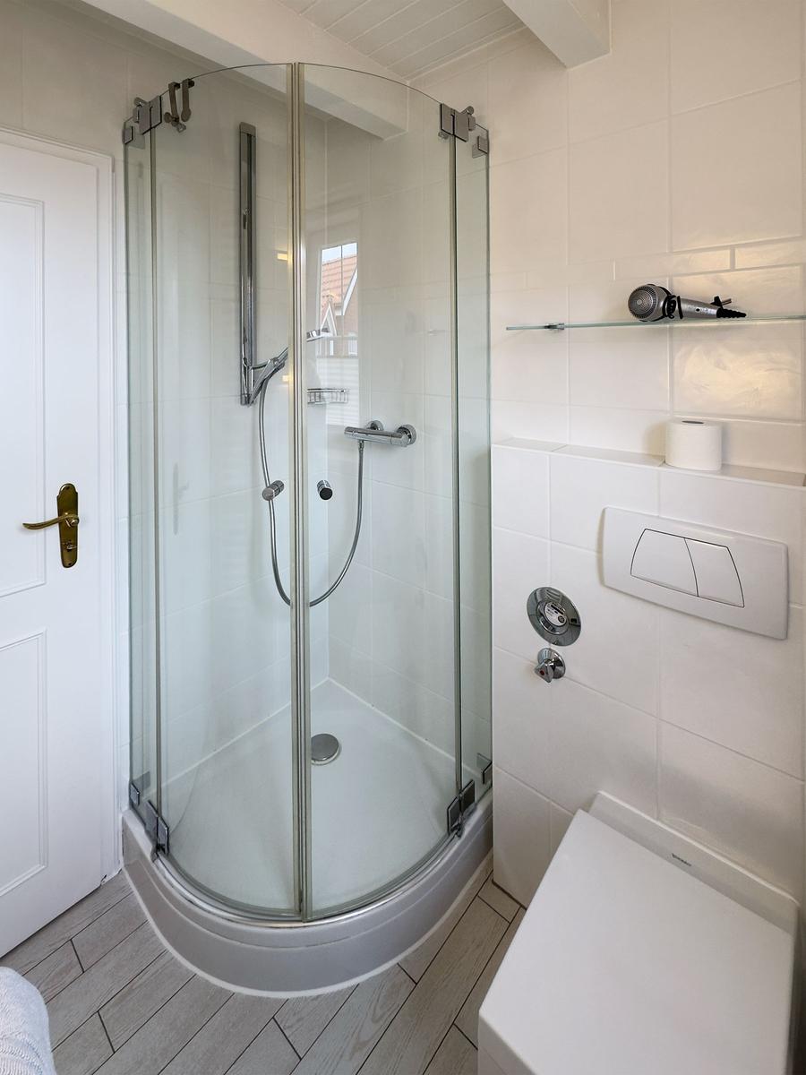 Duschkabine mit Glaswand, Toilette und Handtuchhalter in weißer Wand.