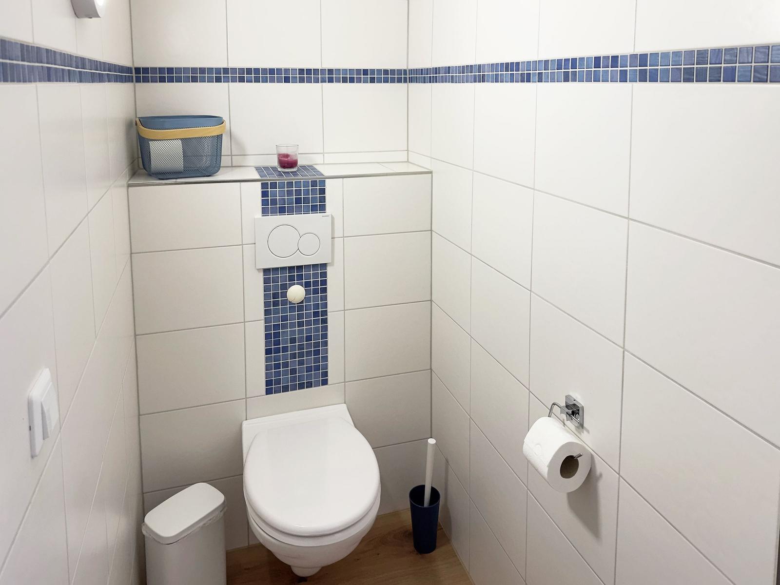 Badezimmer mit Toilette, WC-Behälter und Toilettenpapierhalter an der Wand.