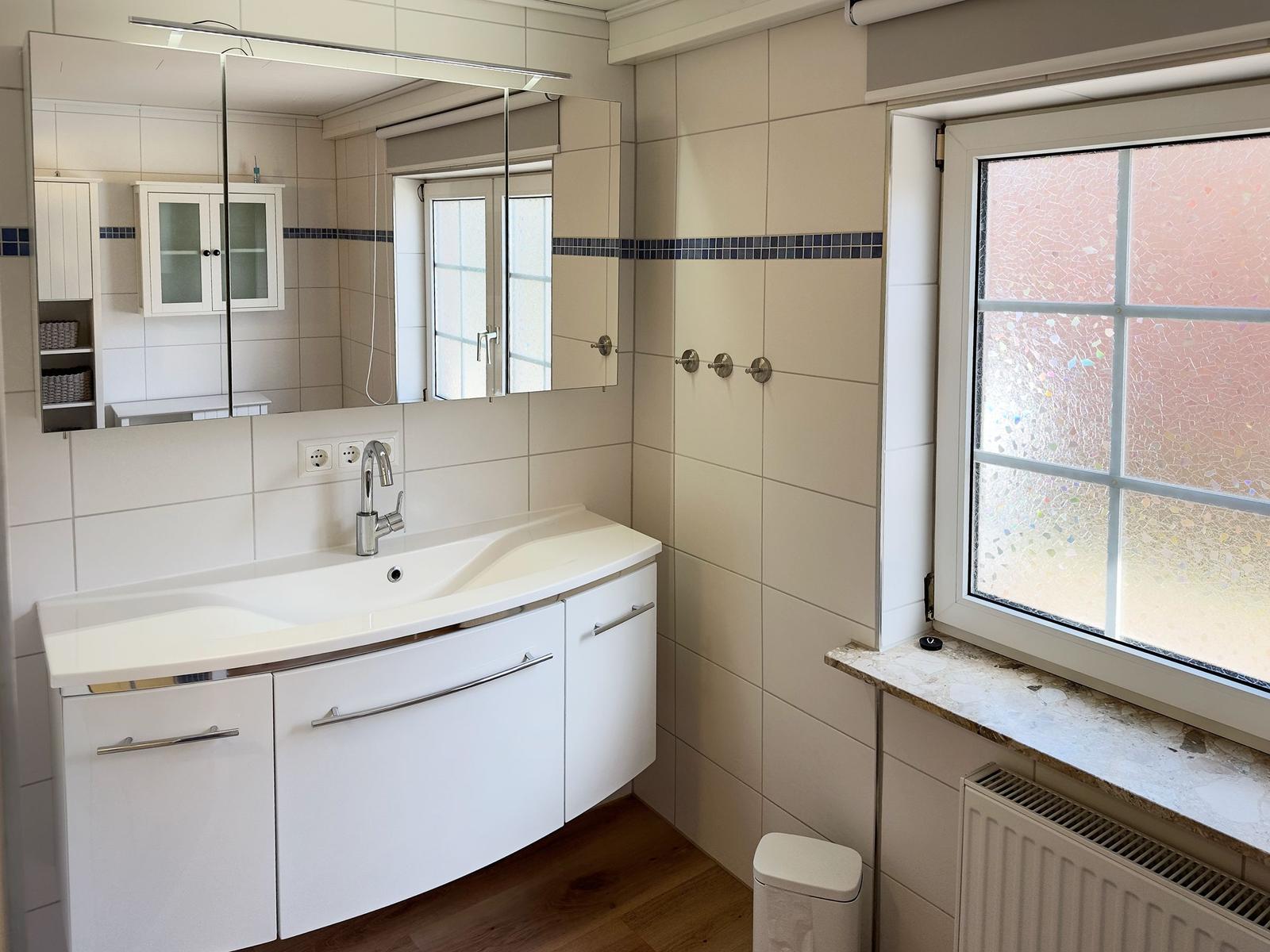 Badezimmer mit Waschbecken, Spiegelschrank und Fenster mit getöntem Glas.