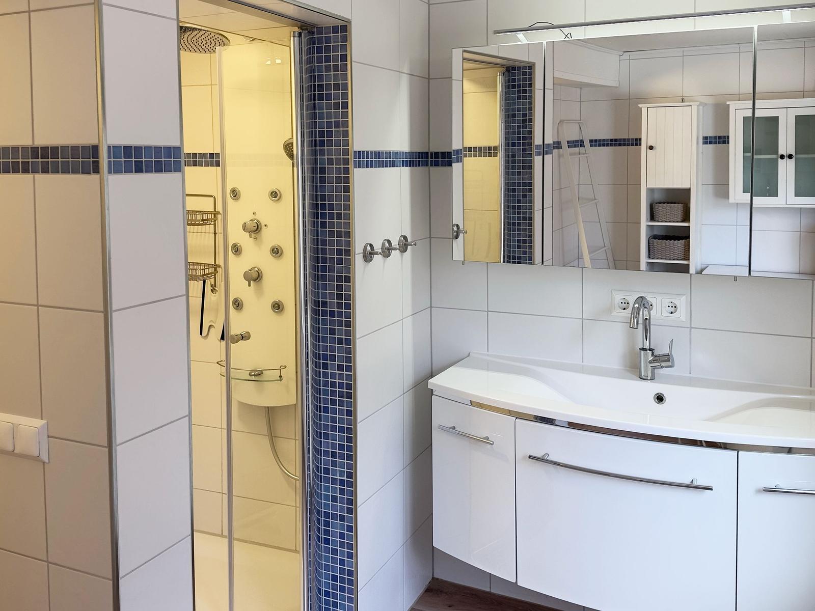 Badezimmer mit Dusche, Waschbecken und Spiegelschrank.