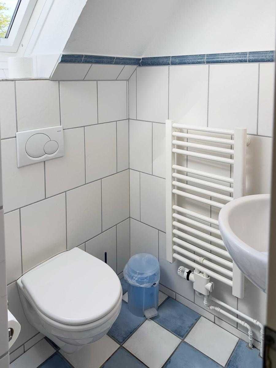 Badezimmer mit Toilette, Waschbecken und Heizkörper an der Wand.