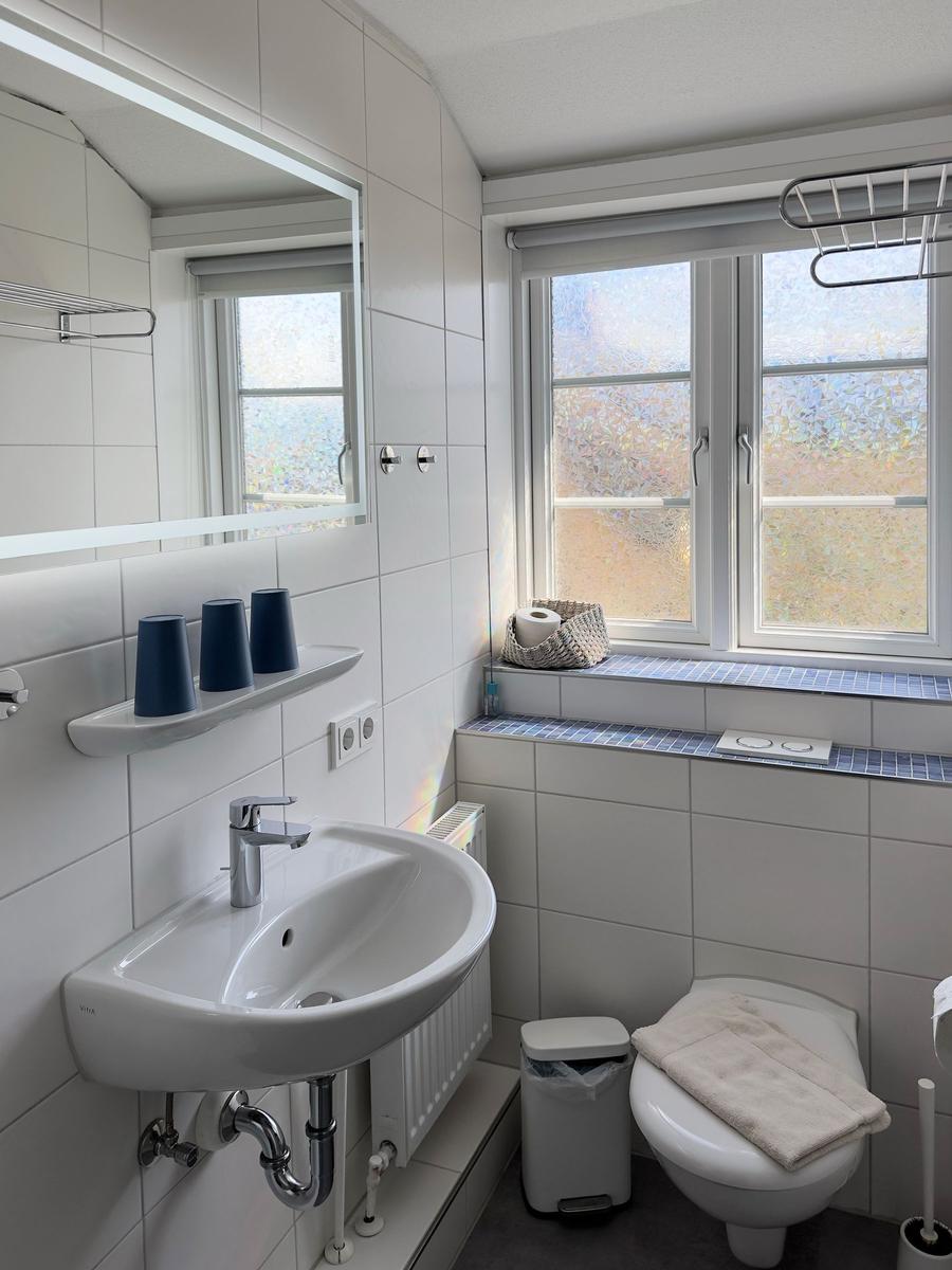 Bathroom with sink, mirror, toilet, and window with windowsill.